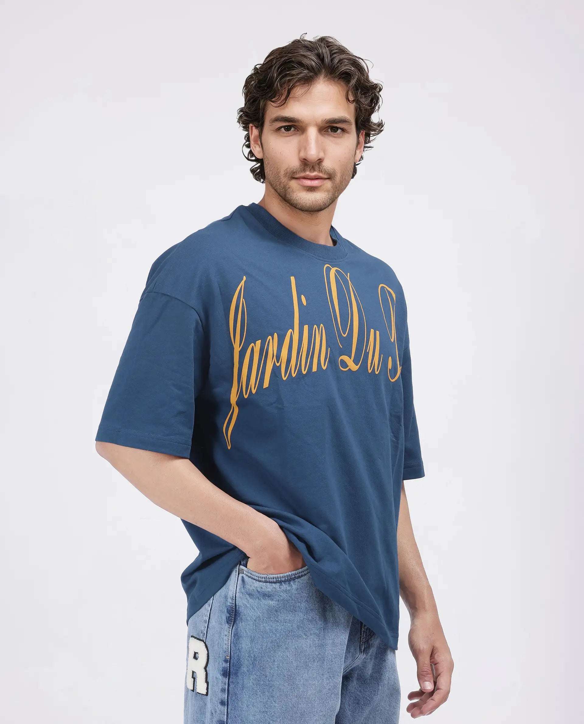 Rare Rabbit Men Tempe Petrol Cotton Fabric Short Sleeve Slip-On Oversized Fit Printed T-Shirt