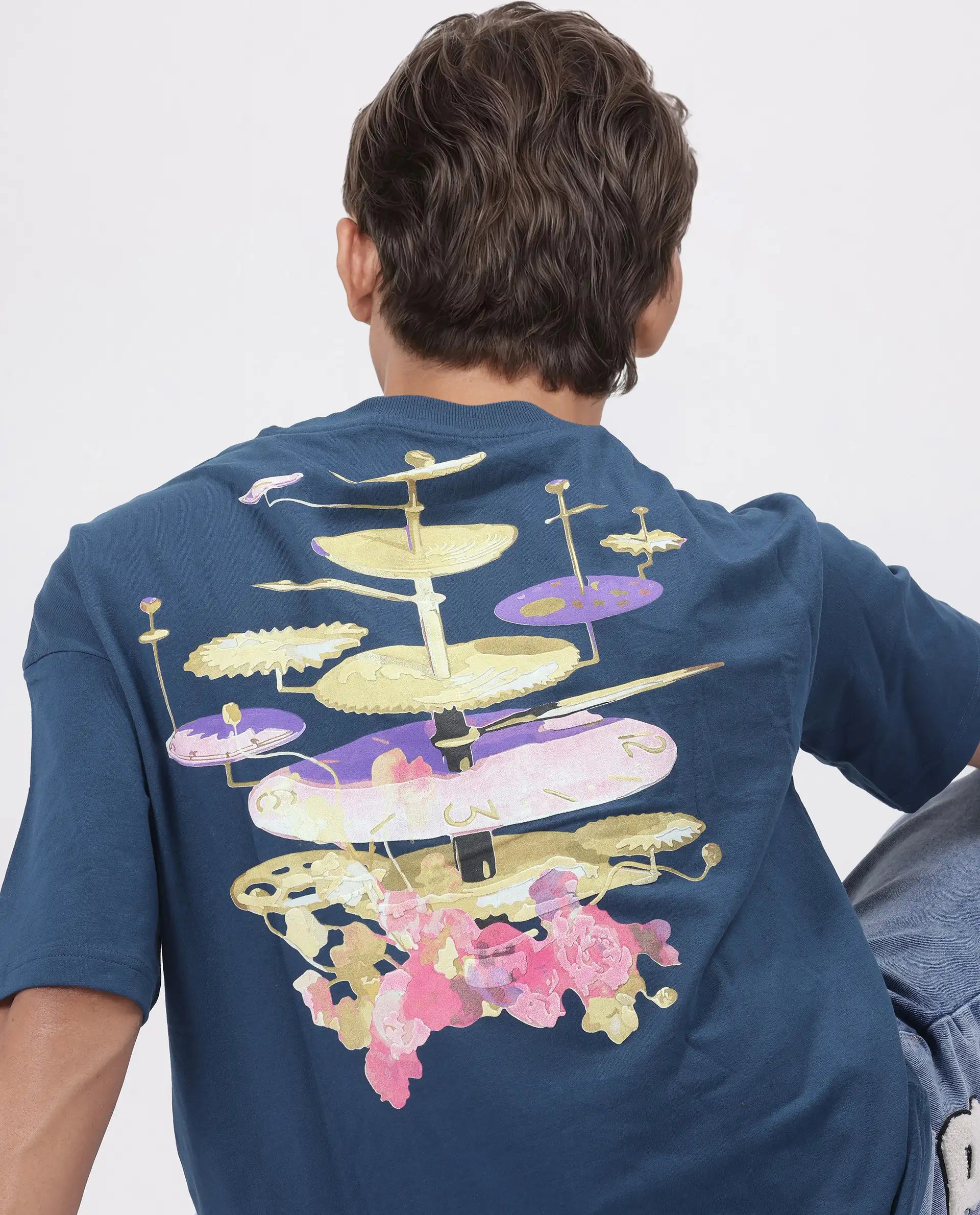 Rare Rabbit Men Tempe Petrol Cotton Fabric Short Sleeve Slip-On Oversized Fit Printed T-Shirt