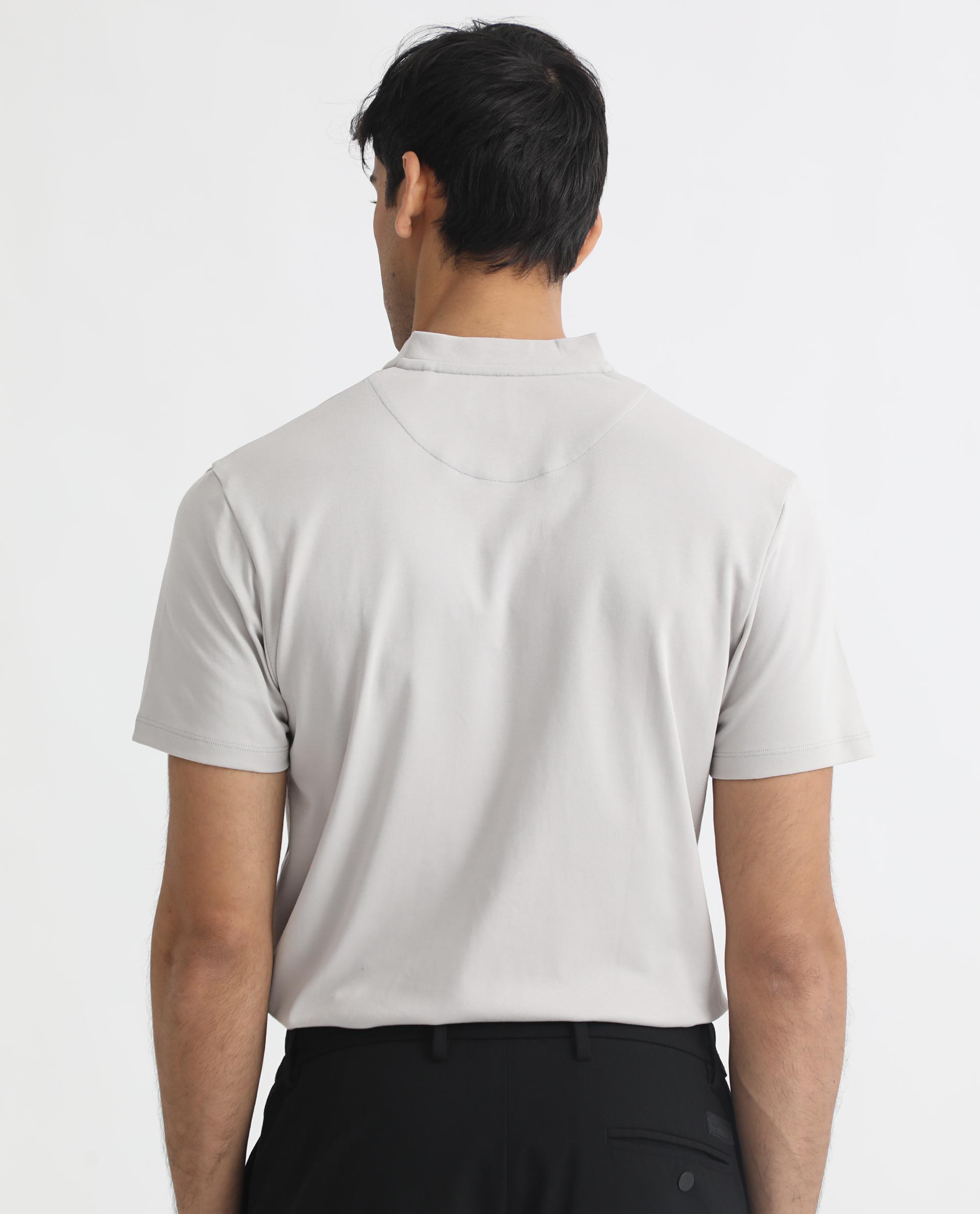 Rare Rabbit Men's Temper Grey Cotton Fabric Baseball Stand Collared Neck Zipper Closure Half Sleeves Polo T-Shirt