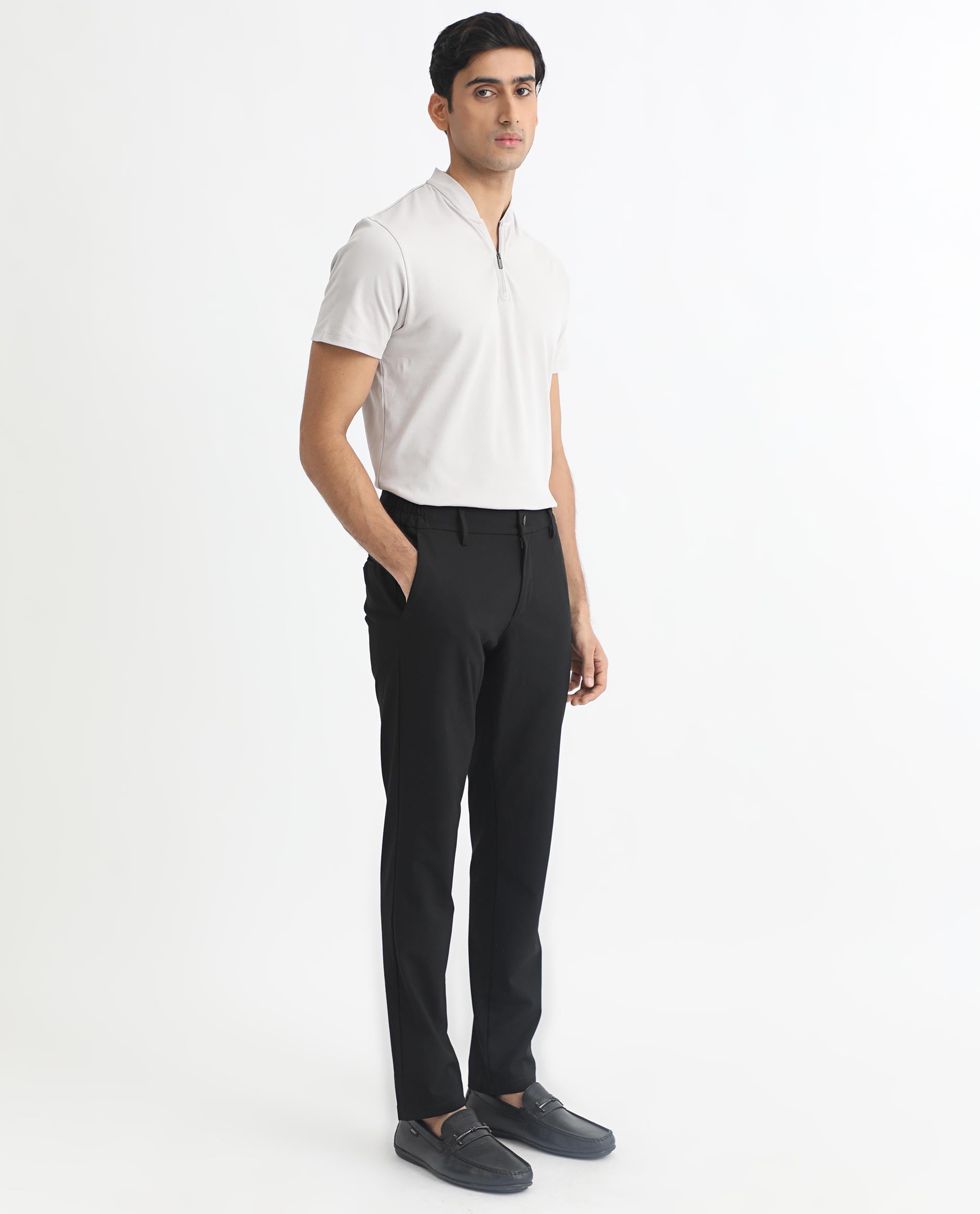 Rare Rabbit Men's Temper Grey Cotton Fabric Baseball Stand Collared Neck Zipper Closure Half Sleeves Polo T-Shirt