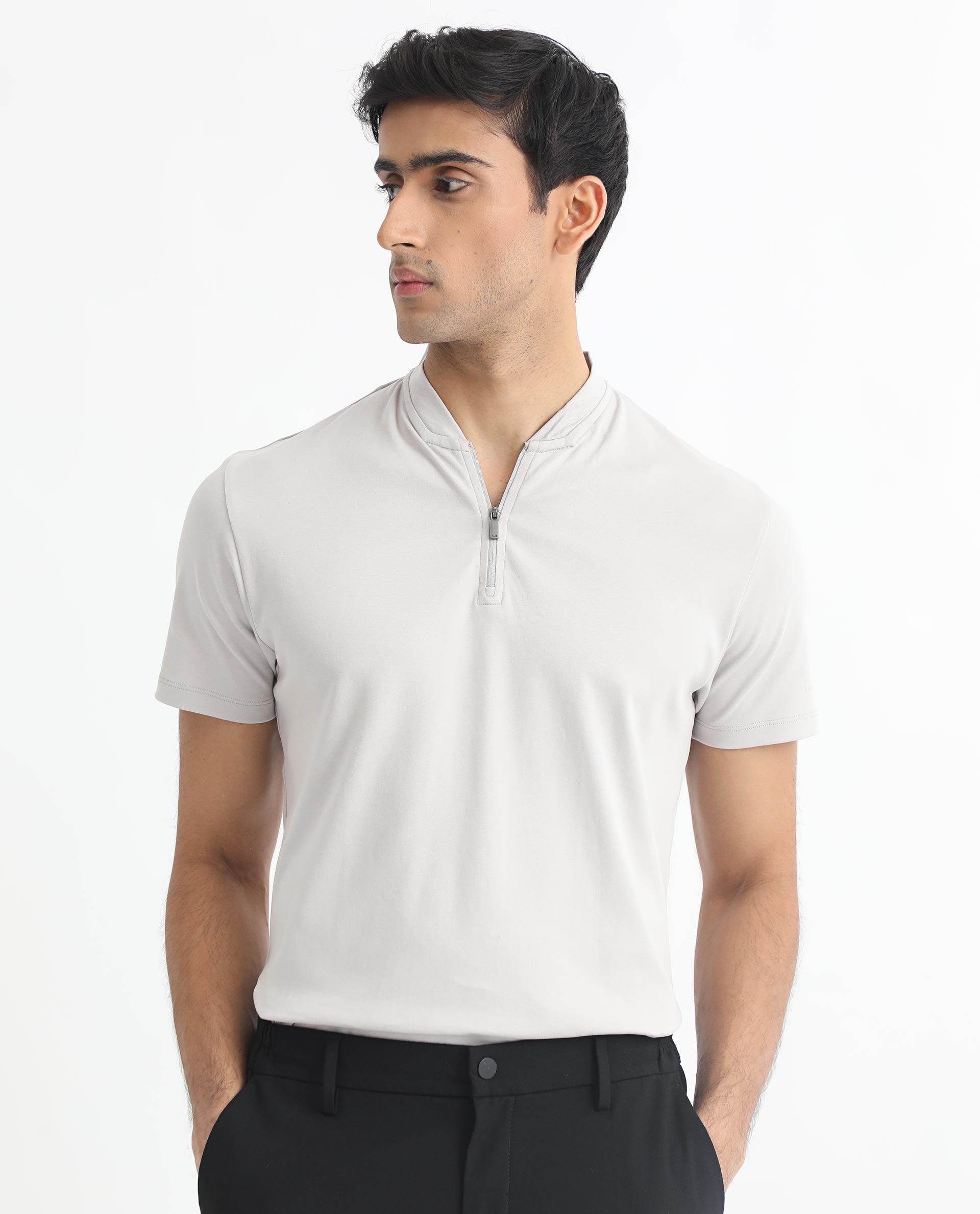 Rare Rabbit Men's Temper Grey Cotton Fabric Baseball Stand Collared Neck Zipper Closure Half Sleeves Polo T-Shirt