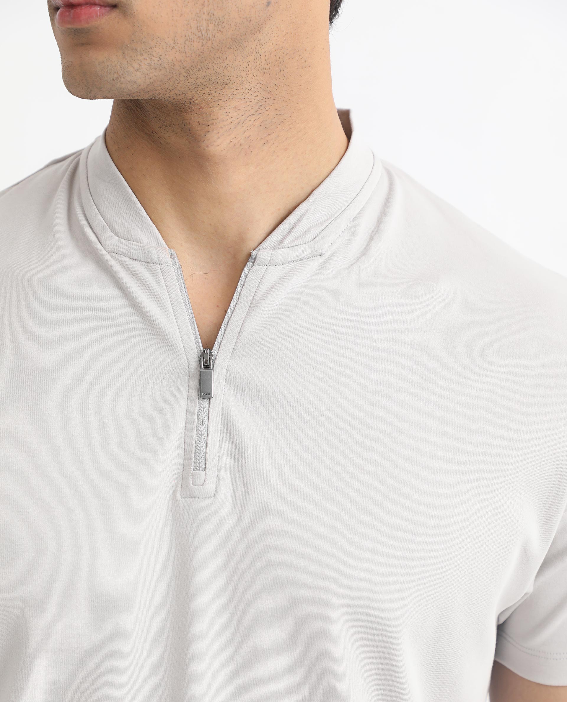 Rare Rabbit Men's Temper Grey Cotton Fabric Baseball Stand Collared Neck Zipper Closure Half Sleeves Polo T-Shirt