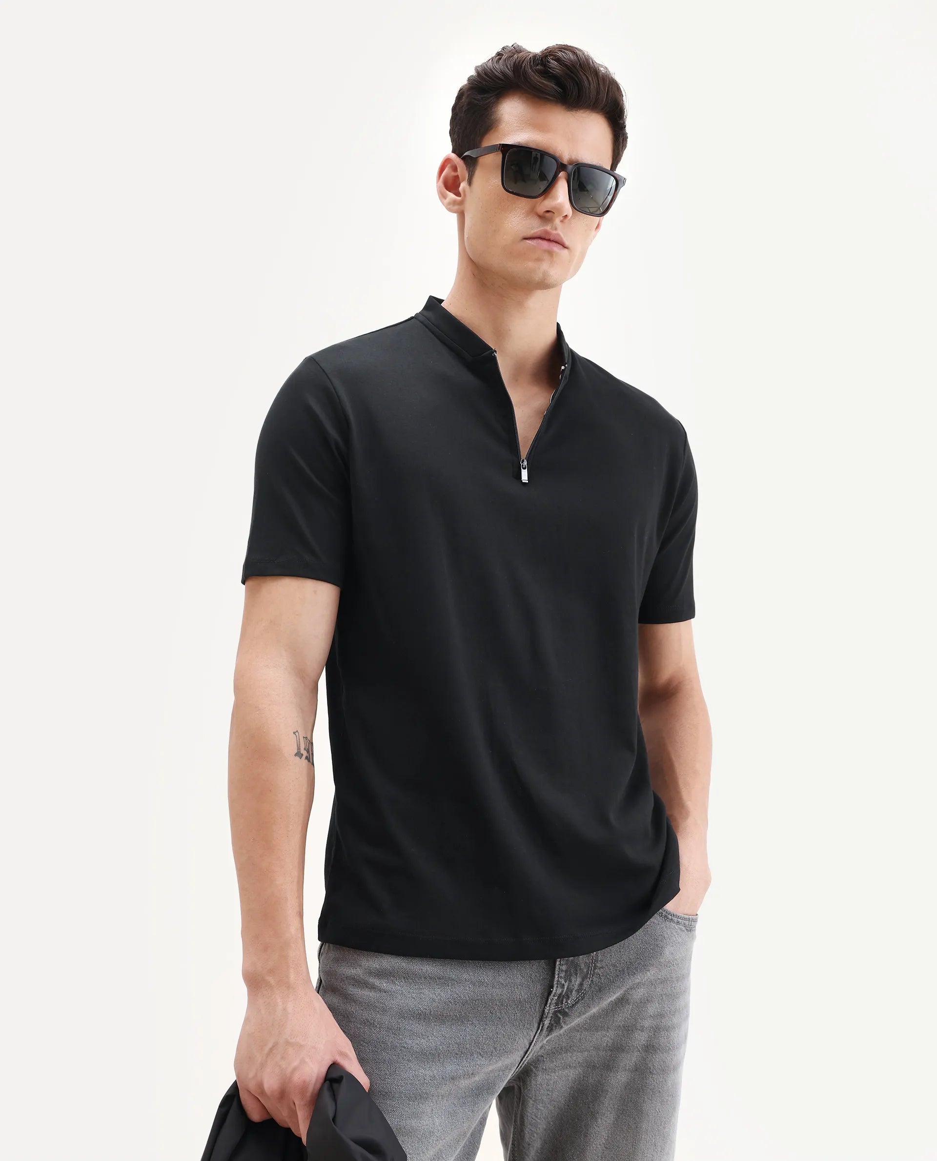 Rare Rabbit Men's Temper Black Cotton Plain Regular Fit Half Sleeve Polo