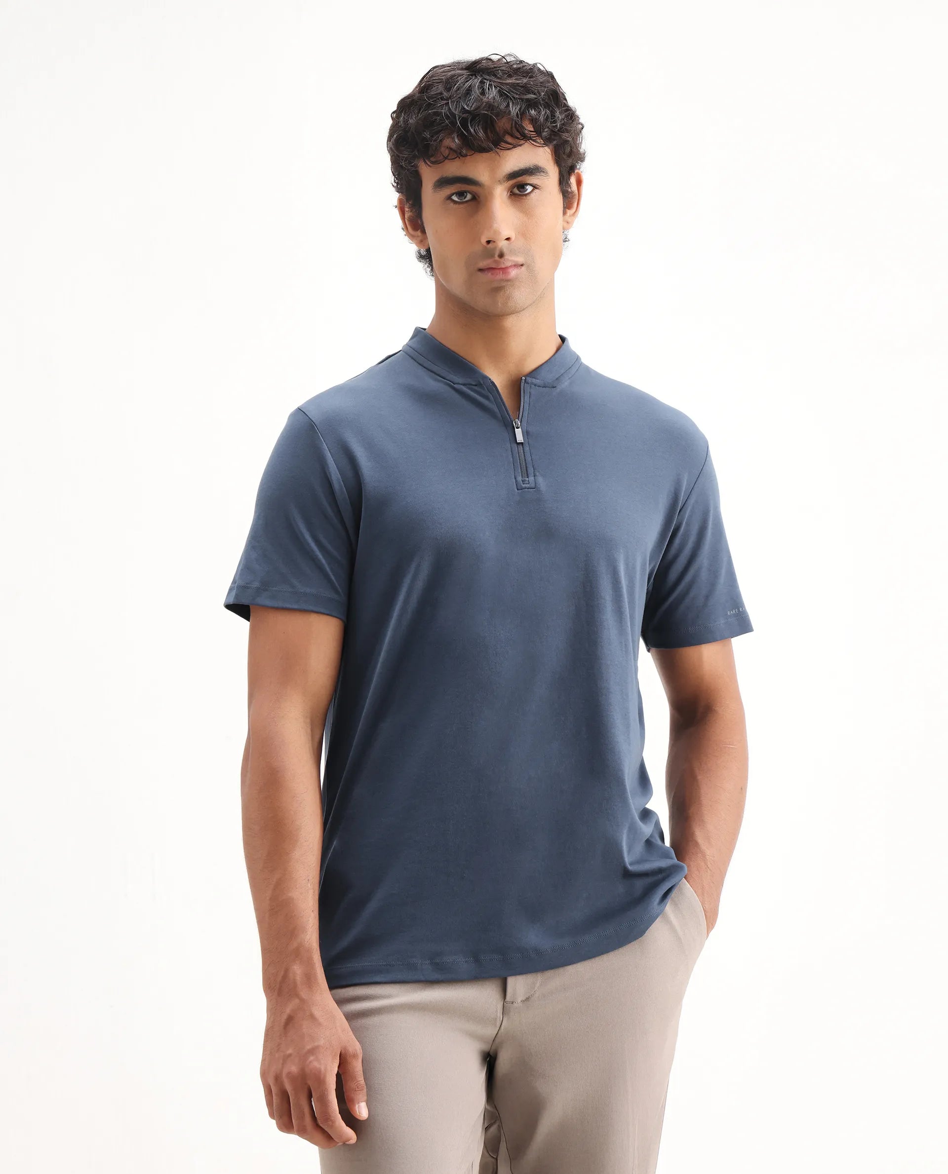 Rare Rabbit Men's Temper Dark Blue Cotton Plain Regular Fit Half Sleeve Polo