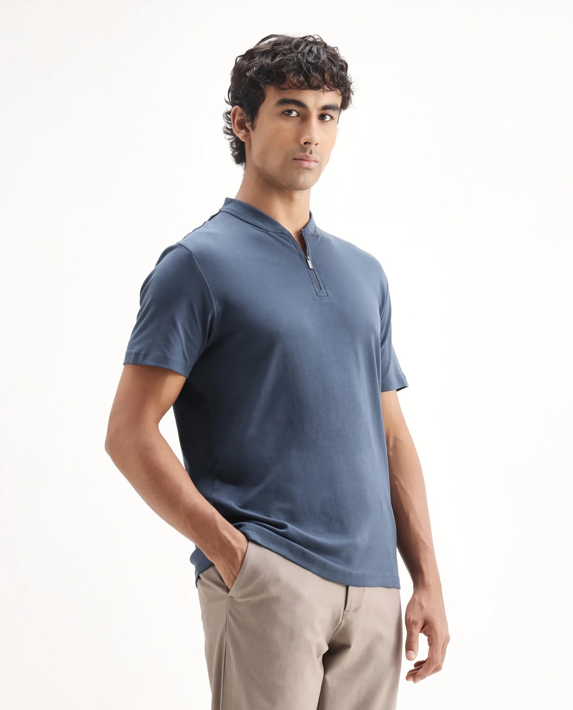 Rare Rabbit Men's Temper Dark Blue Cotton Plain Regular Fit Half Sleeve Polo