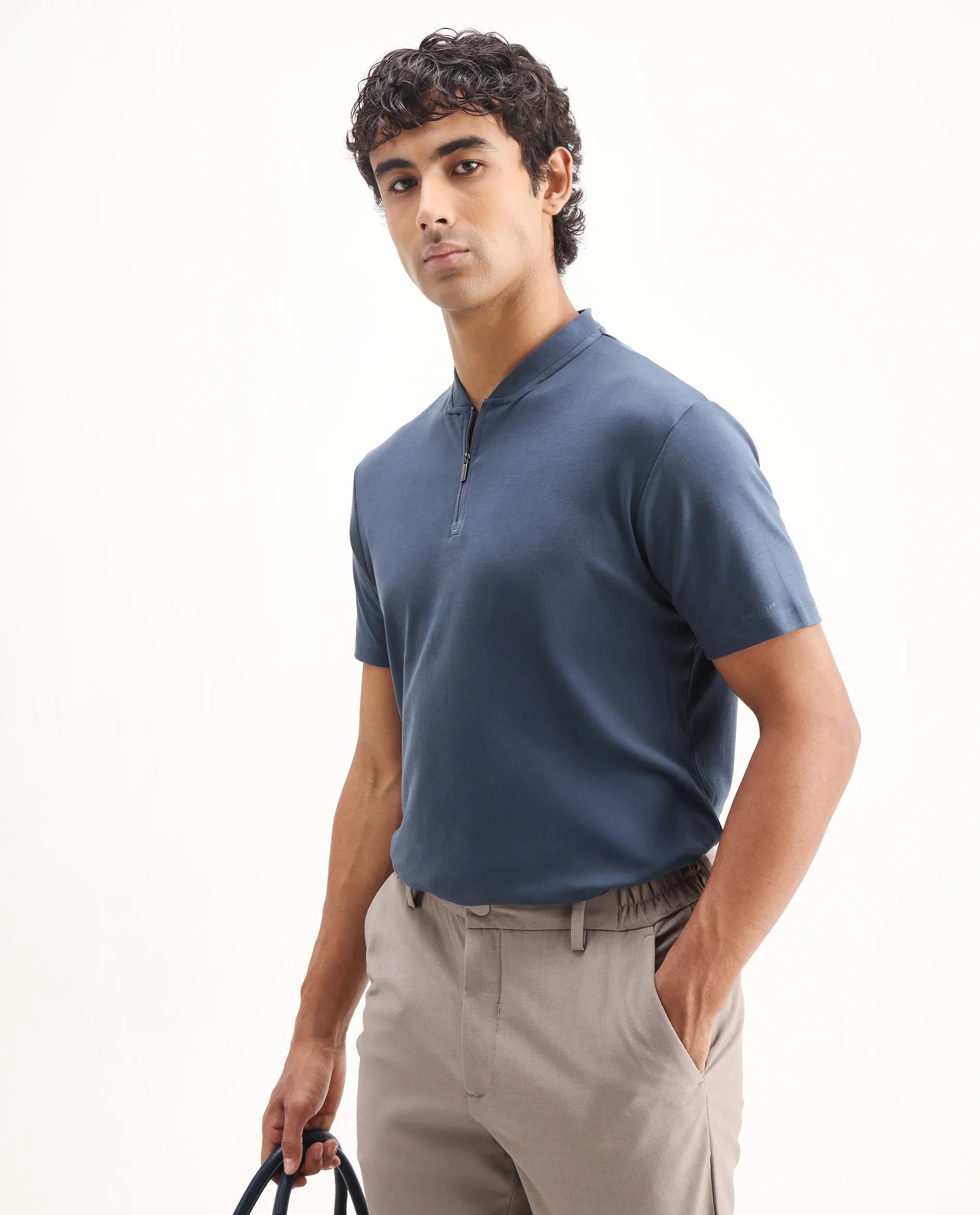 Rare Rabbit Men's Temper Dark Blue Cotton Plain Regular Fit Half Sleeve Polo