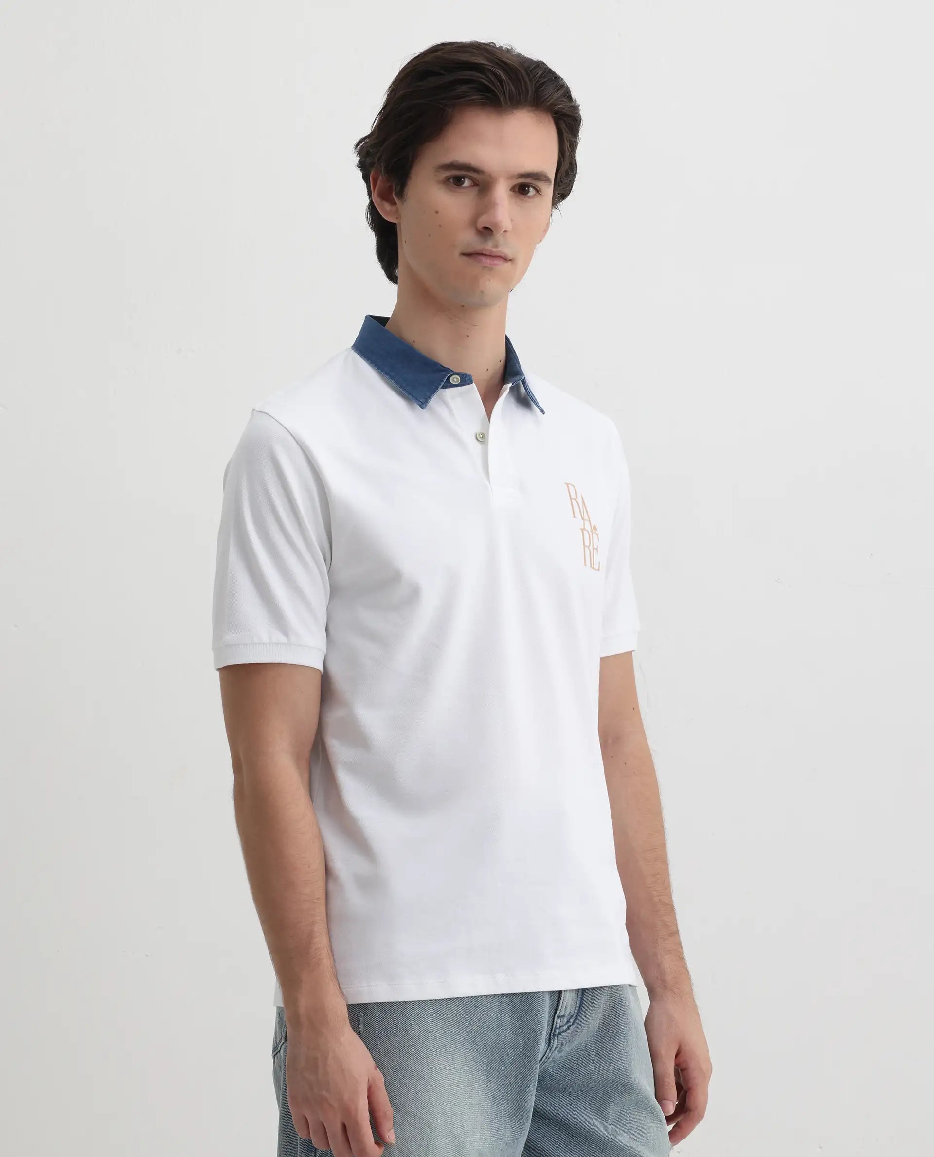 Rare Rabbit Men's Tem White Cotton Plain Regular Fit Half Sleeve Polo