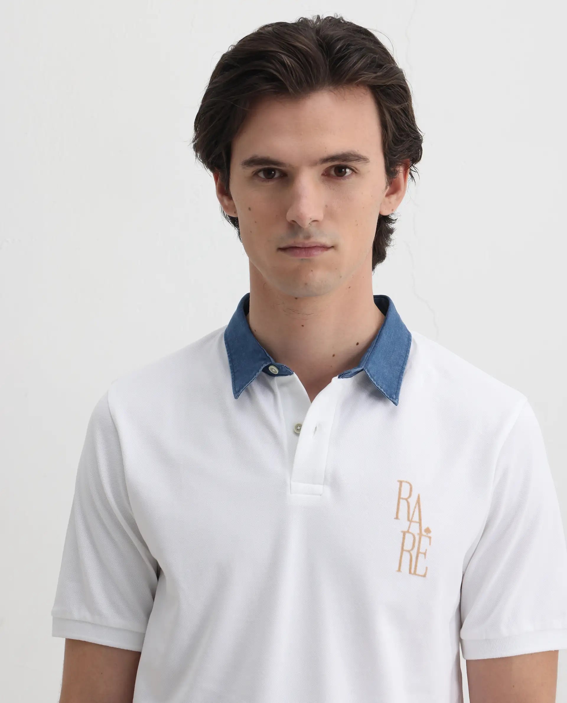 Rare Rabbit Men's Tem White Cotton Plain Regular Fit Half Sleeve Polo