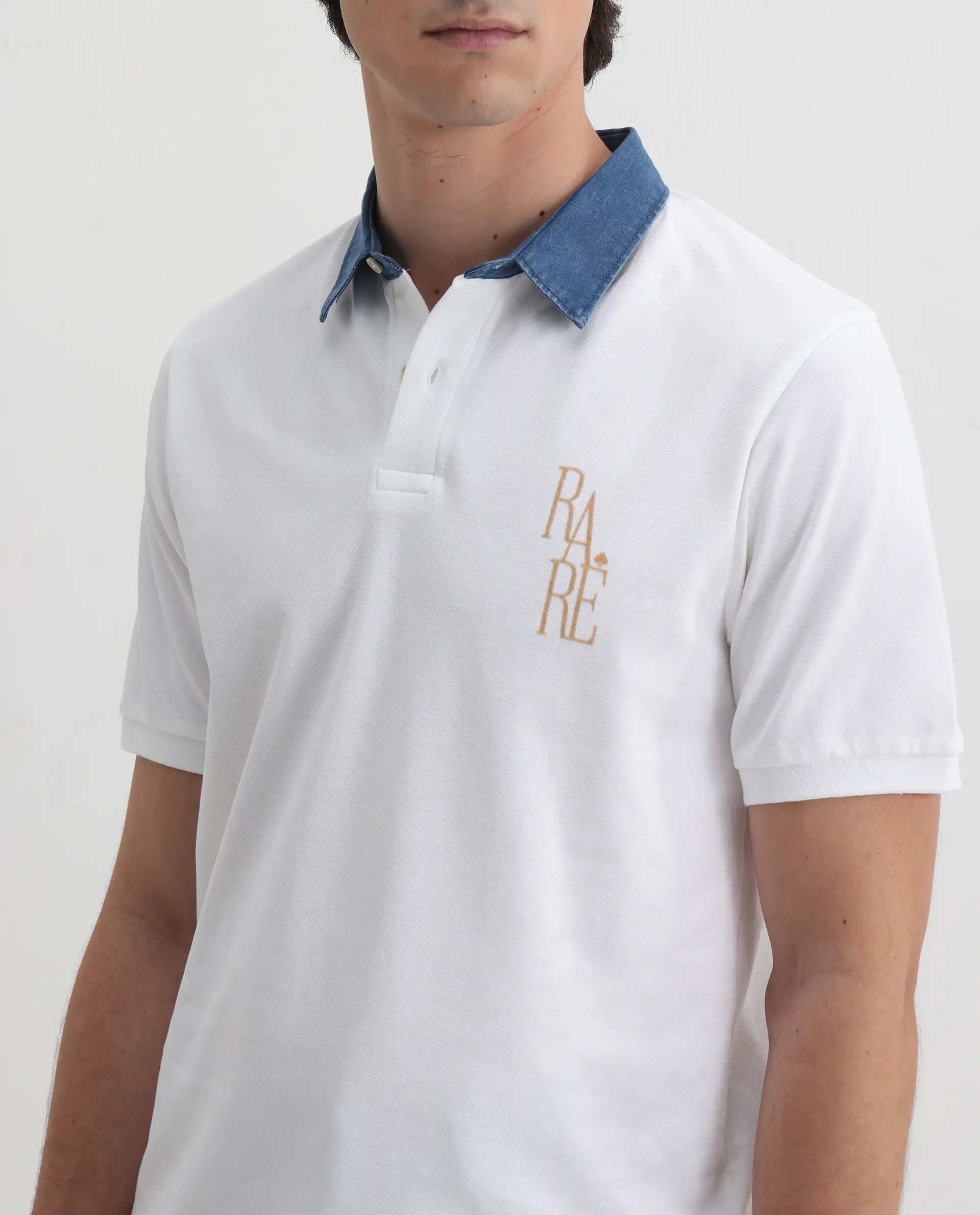 Rare Rabbit Men's Tem White Cotton Plain Regular Fit Half Sleeve Polo