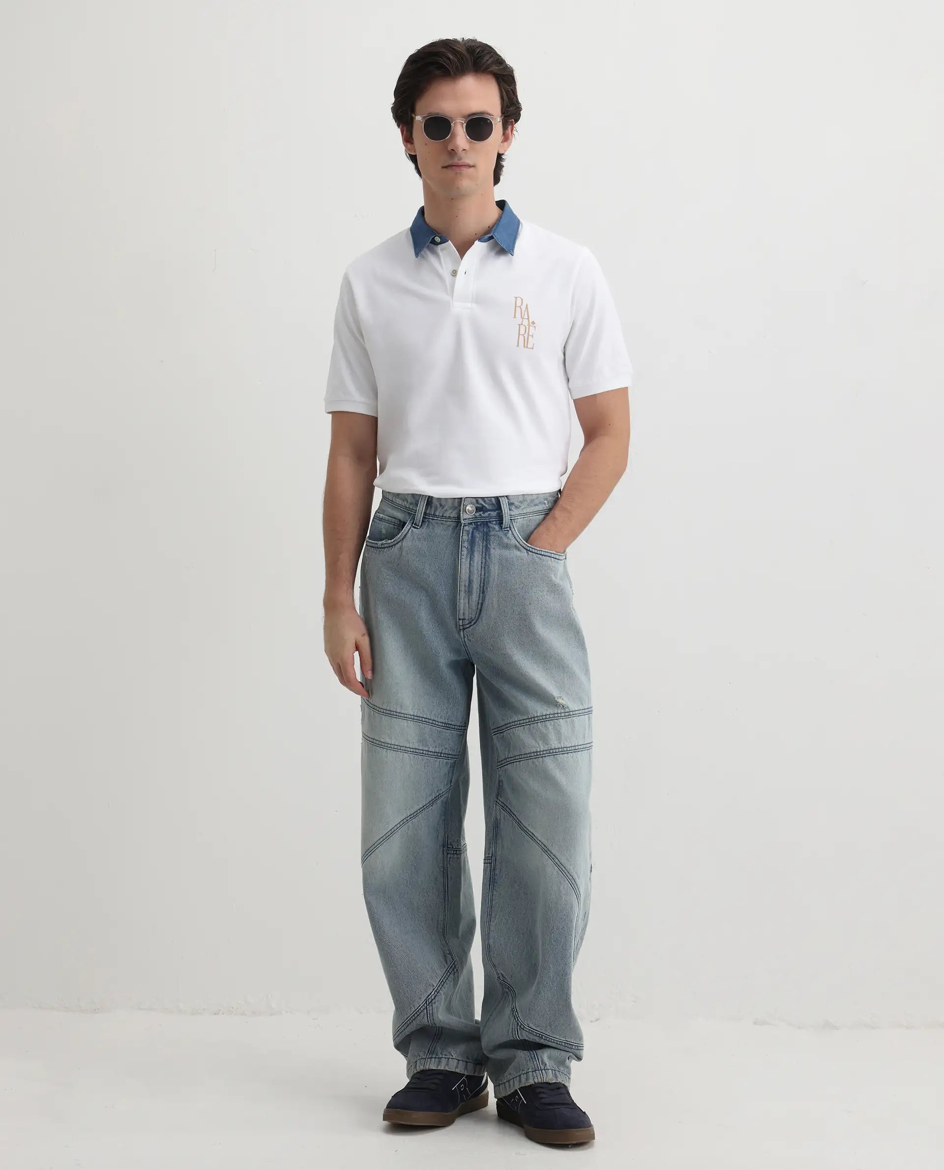 Rare Rabbit Men's Tem White Cotton Plain Regular Fit Half Sleeve Polo