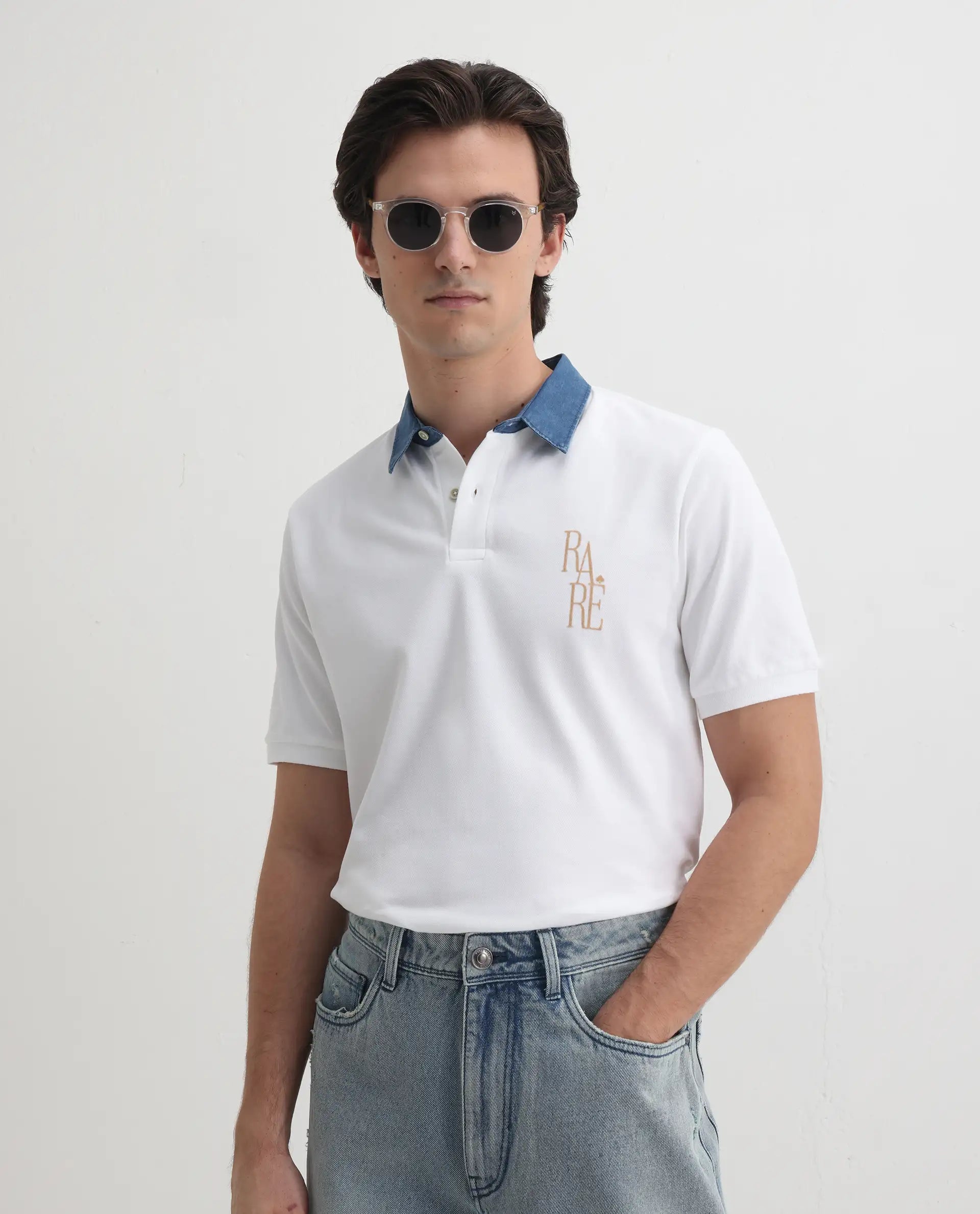 Rare Rabbit Men's Tem White Cotton Plain Regular Fit Half Sleeve Polo