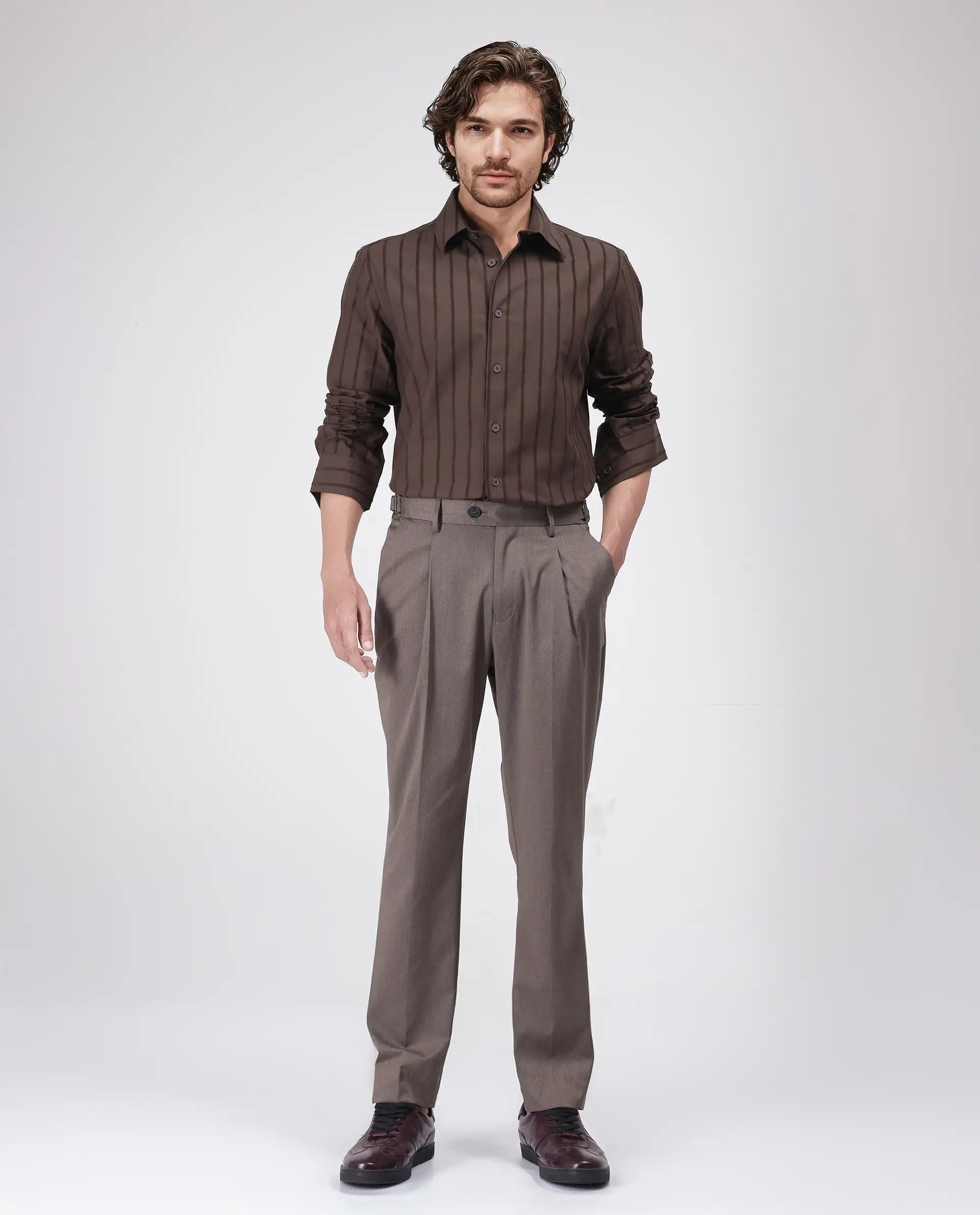 Rare Rabbit Men's Tener Dark Brown Cotton Fabric Full Sleeve Spread Collar Relaxed Fit Striped Shirt