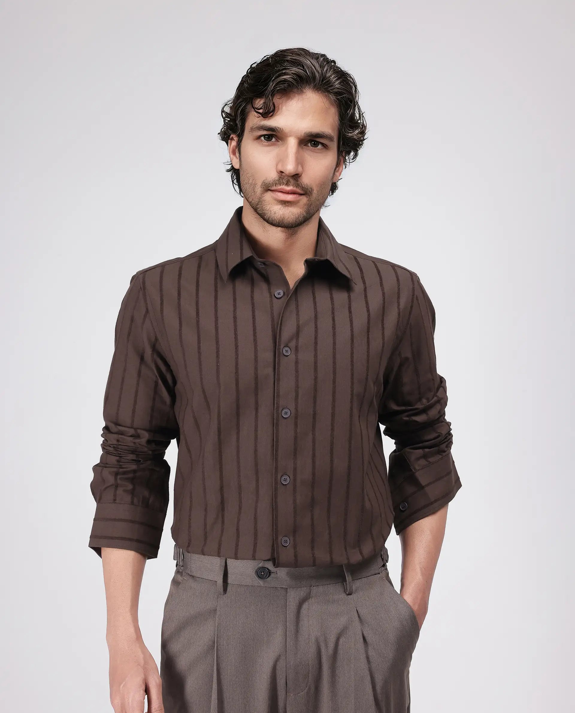 Rare Rabbit Men's Tener Dark Brown Cotton Fabric Full Sleeve Spread Collar Relaxed Fit Striped Shirt