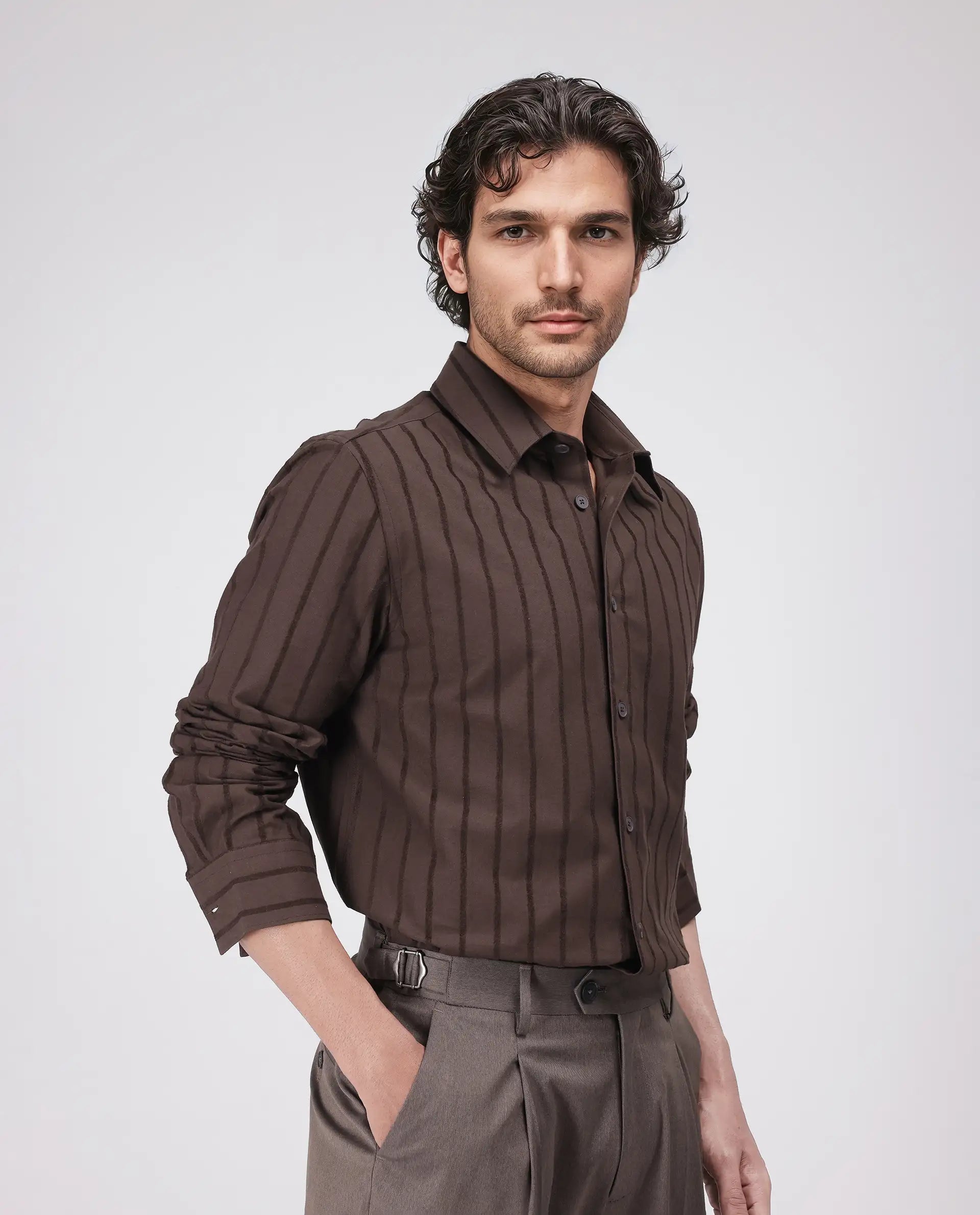 Rare Rabbit Men's Tener Dark Brown Cotton Fabric Full Sleeve Spread Collar Relaxed Fit Striped Shirt