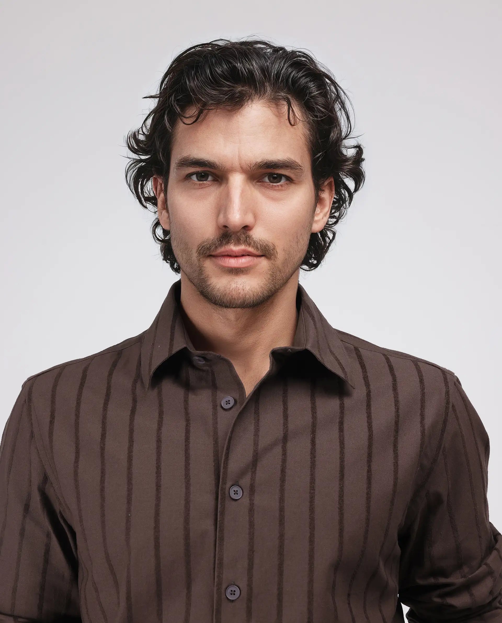 Rare Rabbit Men's Tener Dark Brown Cotton Fabric Full Sleeve Spread Collar Relaxed Fit Striped Shirt