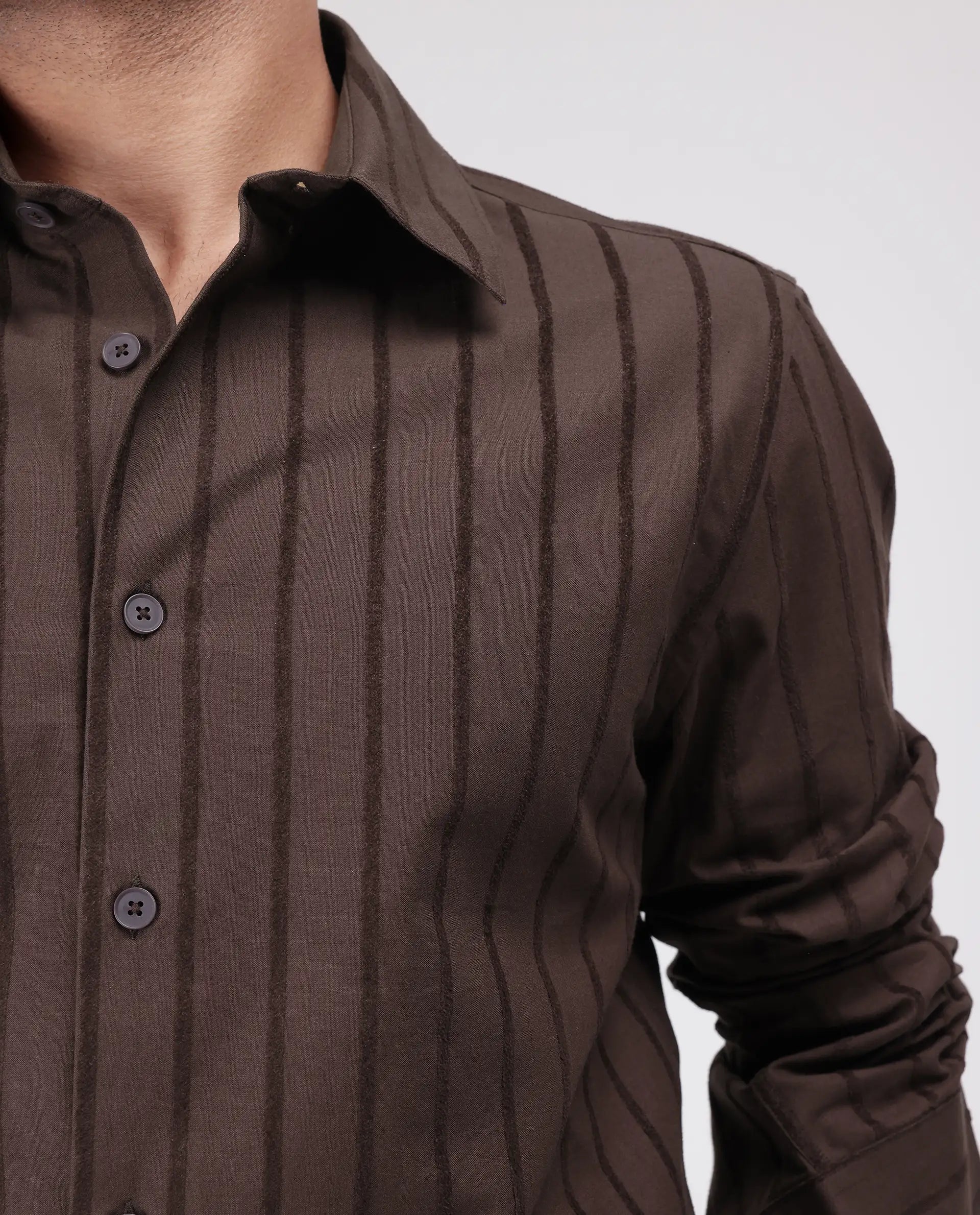 Rare Rabbit Men's Tener Dark Brown Cotton Fabric Full Sleeve Spread Collar Relaxed Fit Striped Shirt