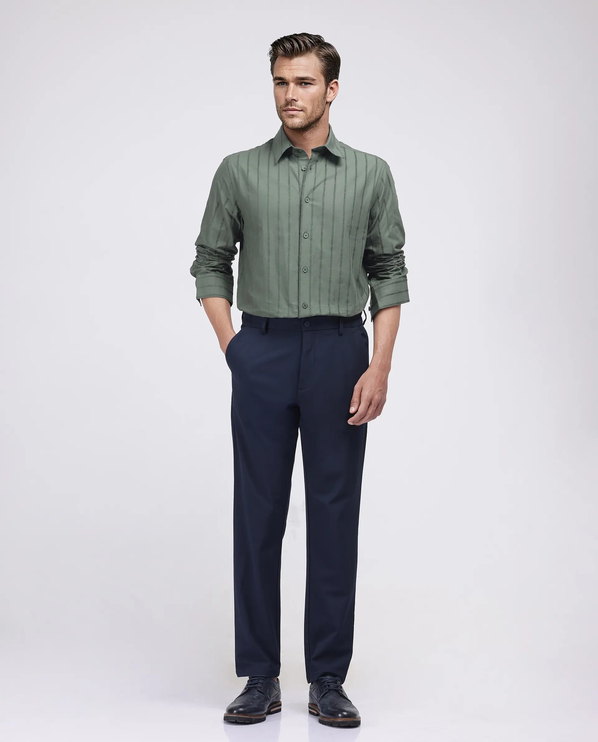 Rare Rabbit Men's Tener Dark Green Cotton Fabric Full Sleeve Spread Collar Striped Shirt