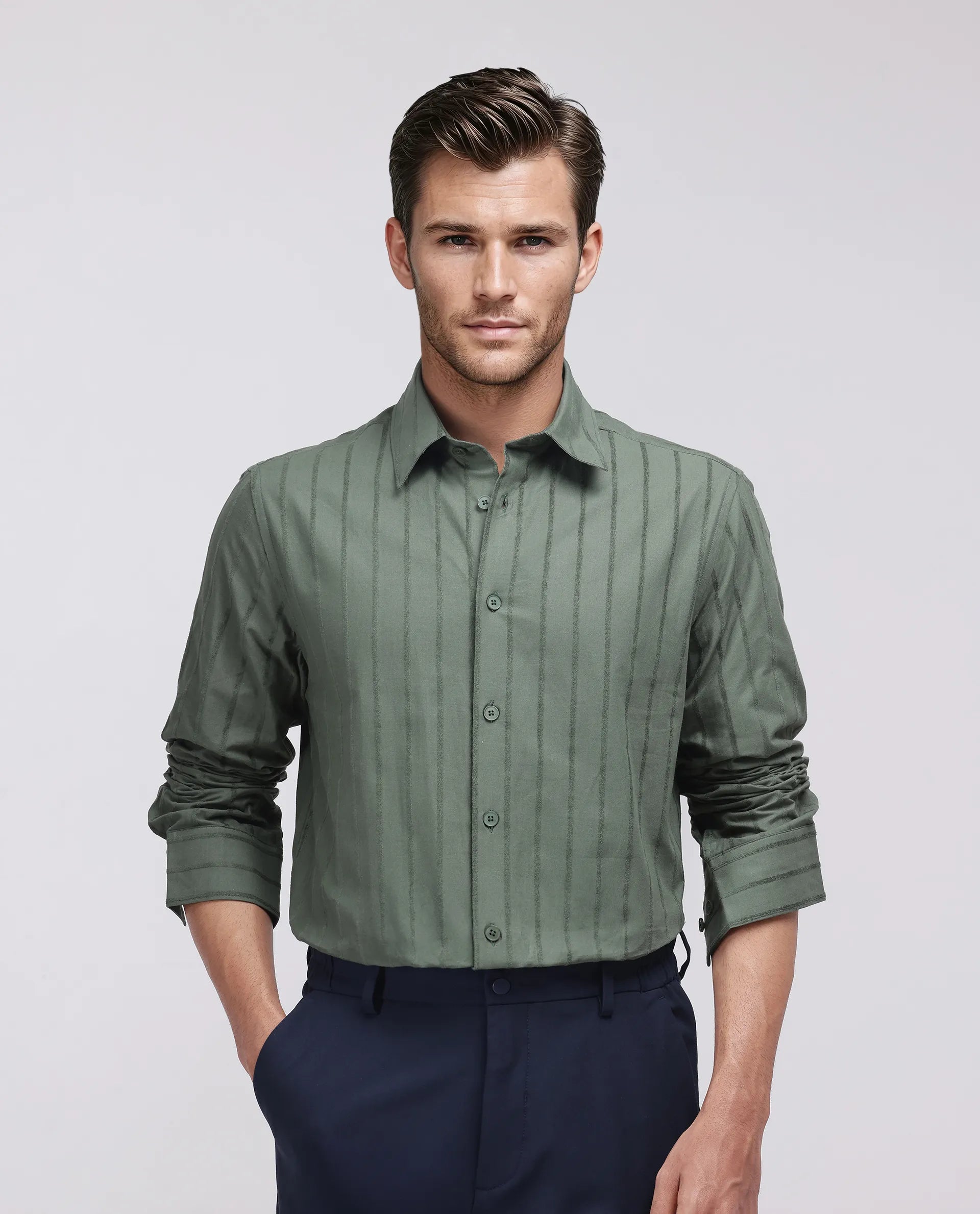 Rare Rabbit Men's Tener Dark Green Cotton Fabric Full Sleeve Spread Collar Striped Shirt
