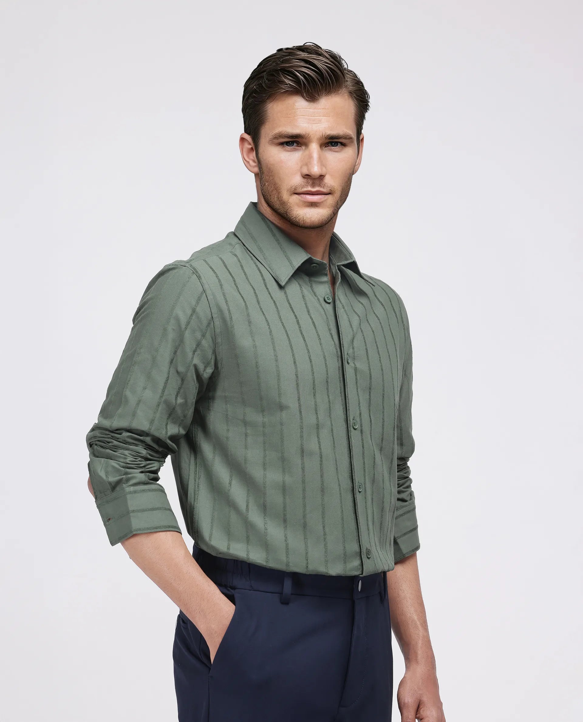 Rare Rabbit Men's Tener Dark Green Cotton Fabric Full Sleeve Spread Collar Striped Shirt