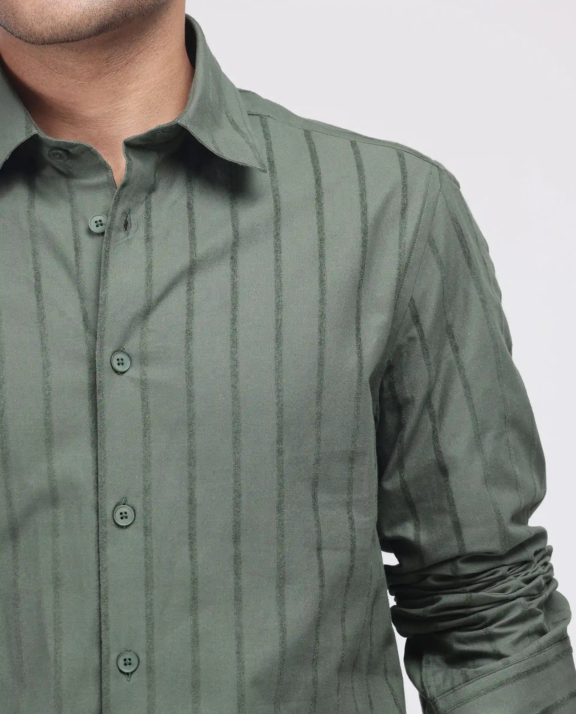 Rare Rabbit Men's Tener Dark Green Cotton Fabric Full Sleeve Spread Collar Striped Shirt