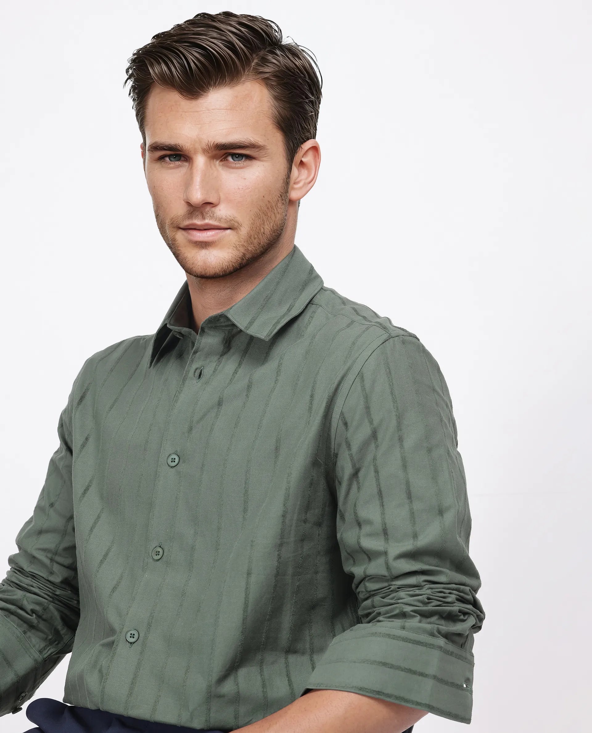 Rare Rabbit Men's Tener Dark Green Cotton Fabric Full Sleeve Spread Collar Striped Shirt