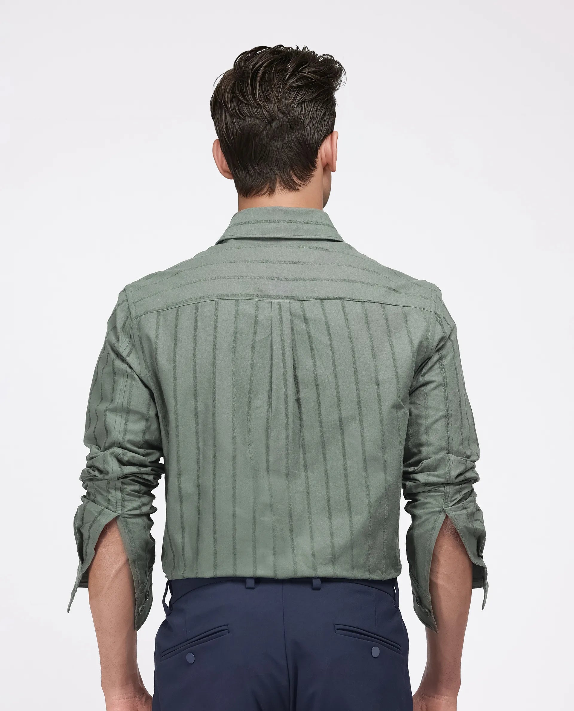 Rare Rabbit Men's Tener Dark Green Cotton Fabric Full Sleeve Spread Collar Striped Shirt