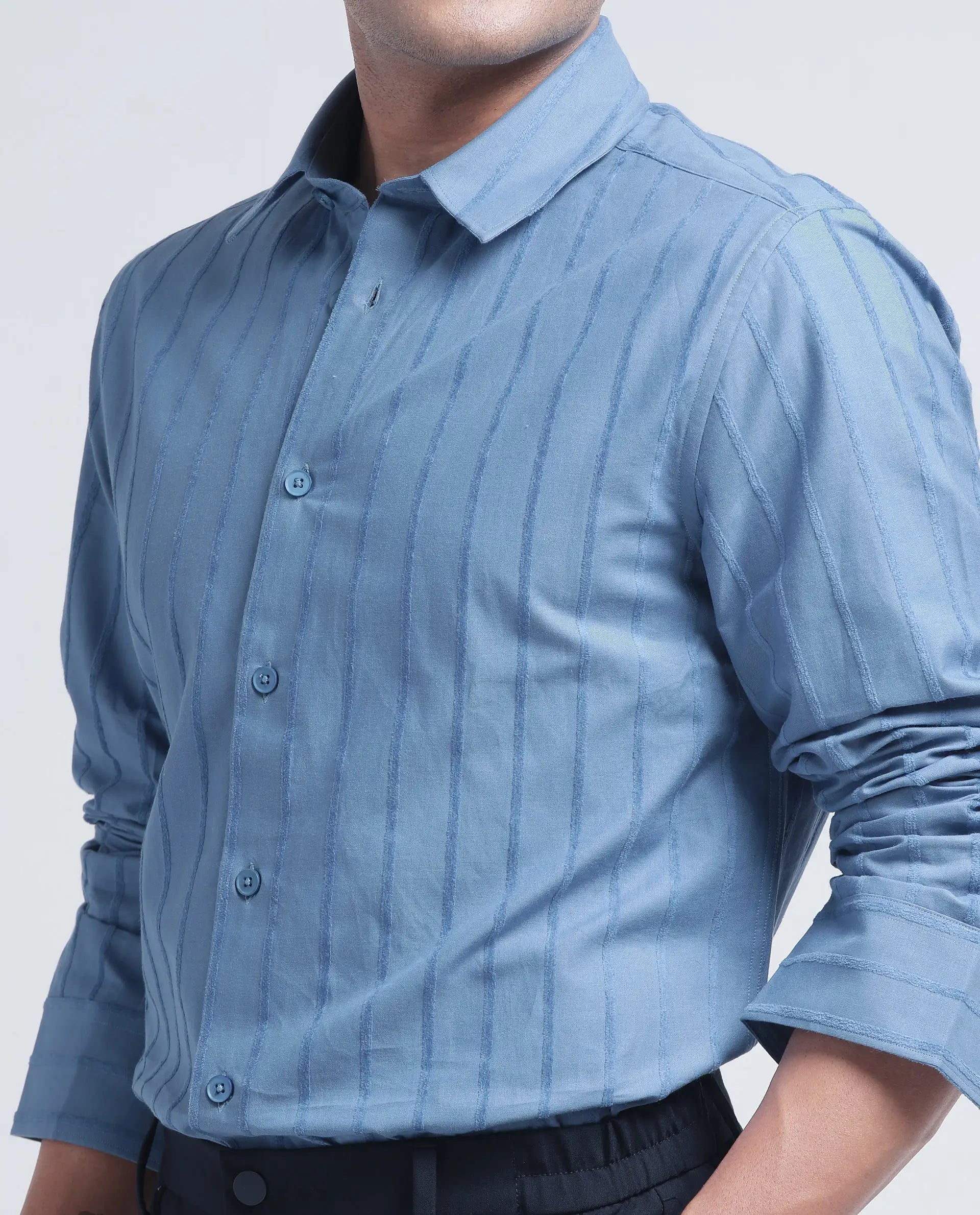 Rare Rabbit Men's Tener Dusky Blue Cotton Fabric Full Sleeve Spread Collar Striped Shirt