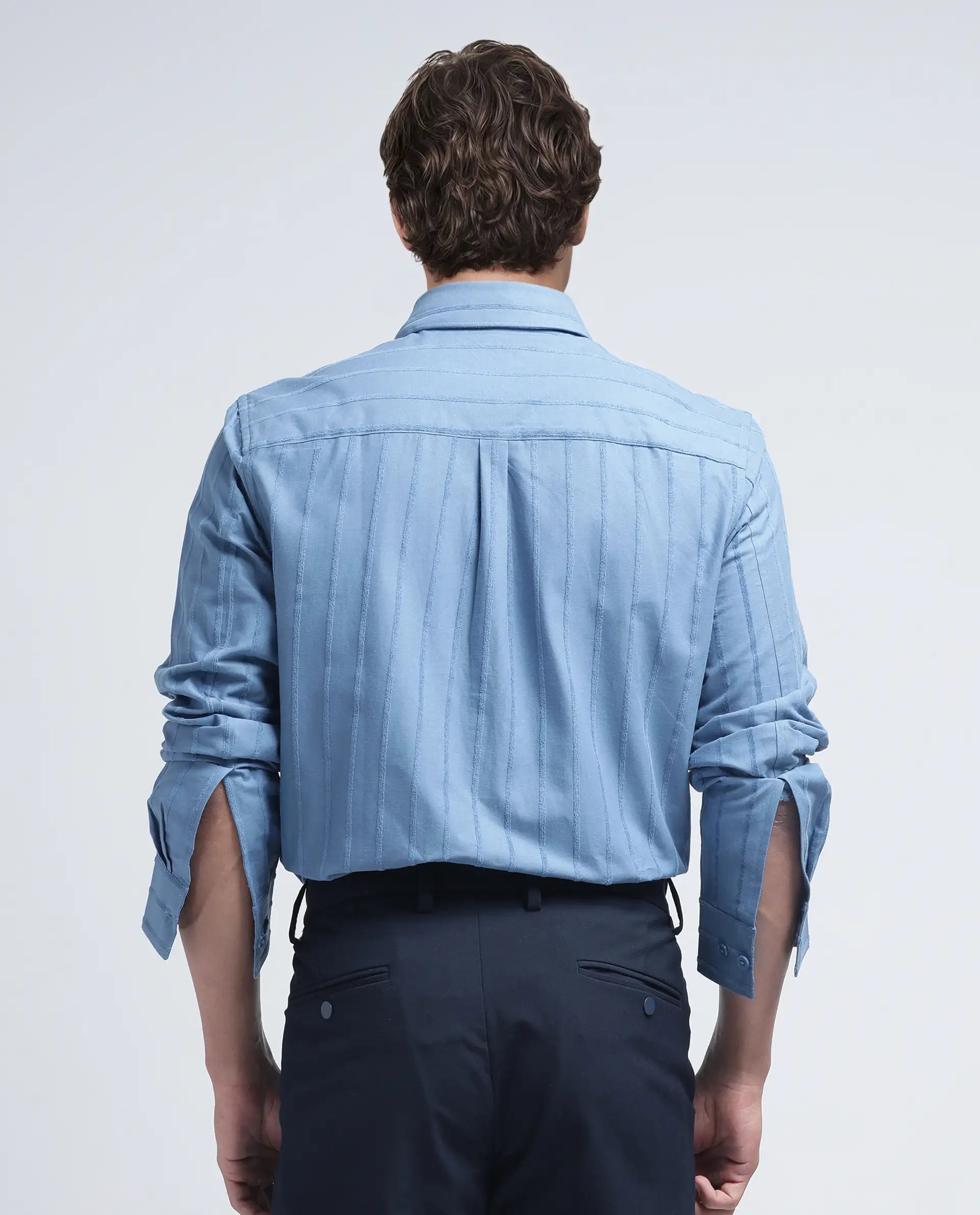 Rare Rabbit Men's Tener Dusky Blue Cotton Fabric Full Sleeve Spread Collar Striped Shirt