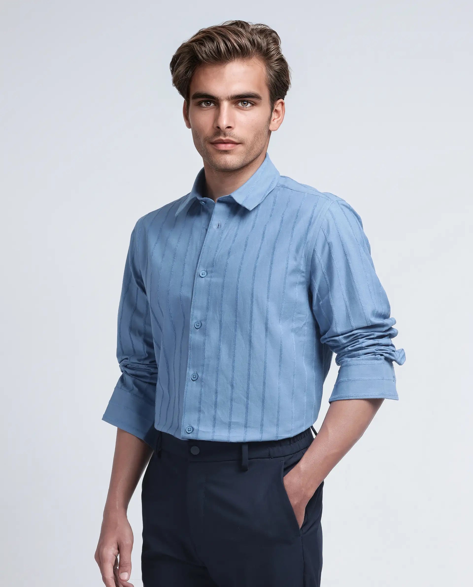 Rare Rabbit Men's Tener Dusky Blue Cotton Fabric Full Sleeve Spread Collar Striped Shirt