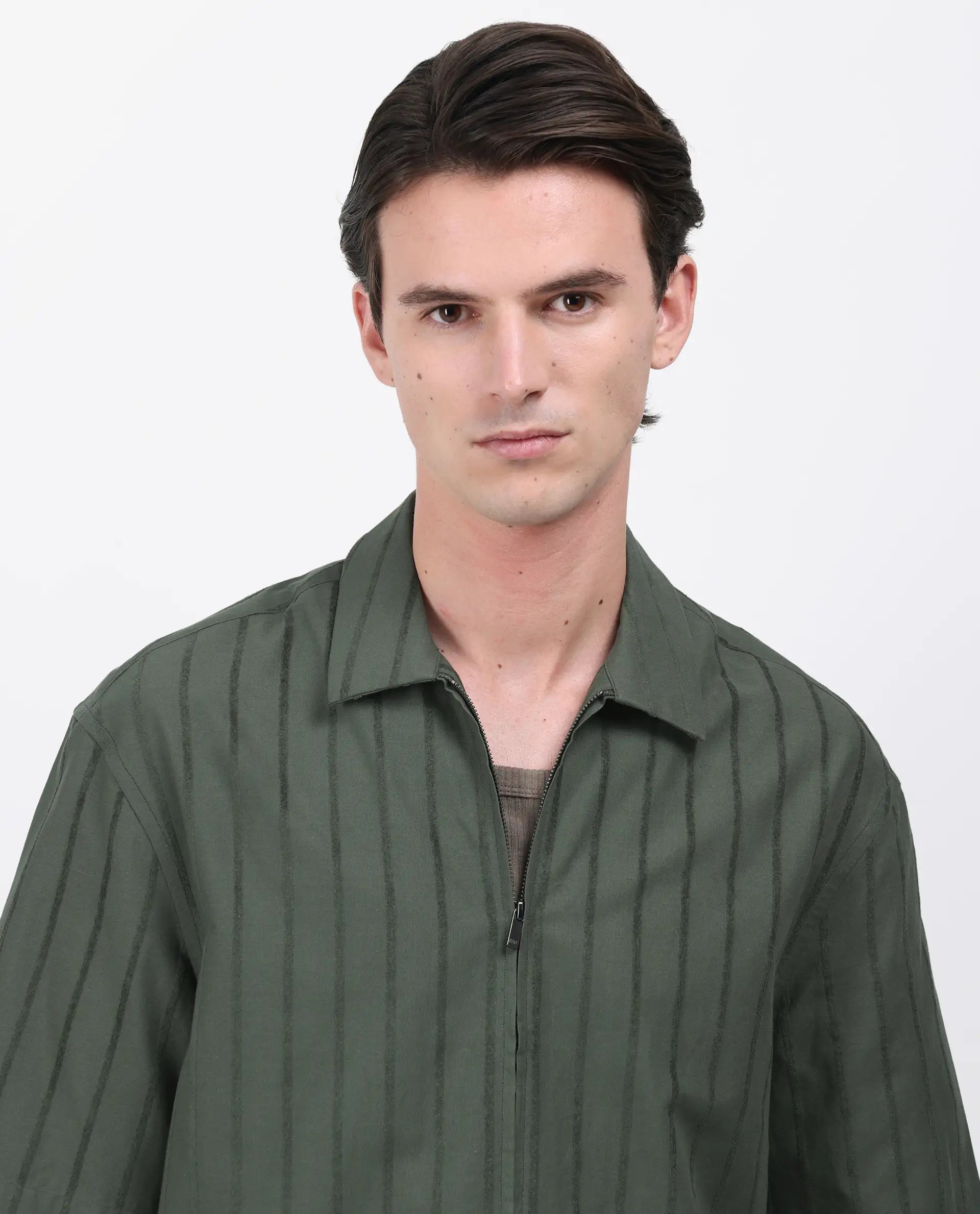 Rare Rabbit Men's Tenerz Dark Green Cotton Striped Print Boxy Fit Half Sleeve Collared Shirt