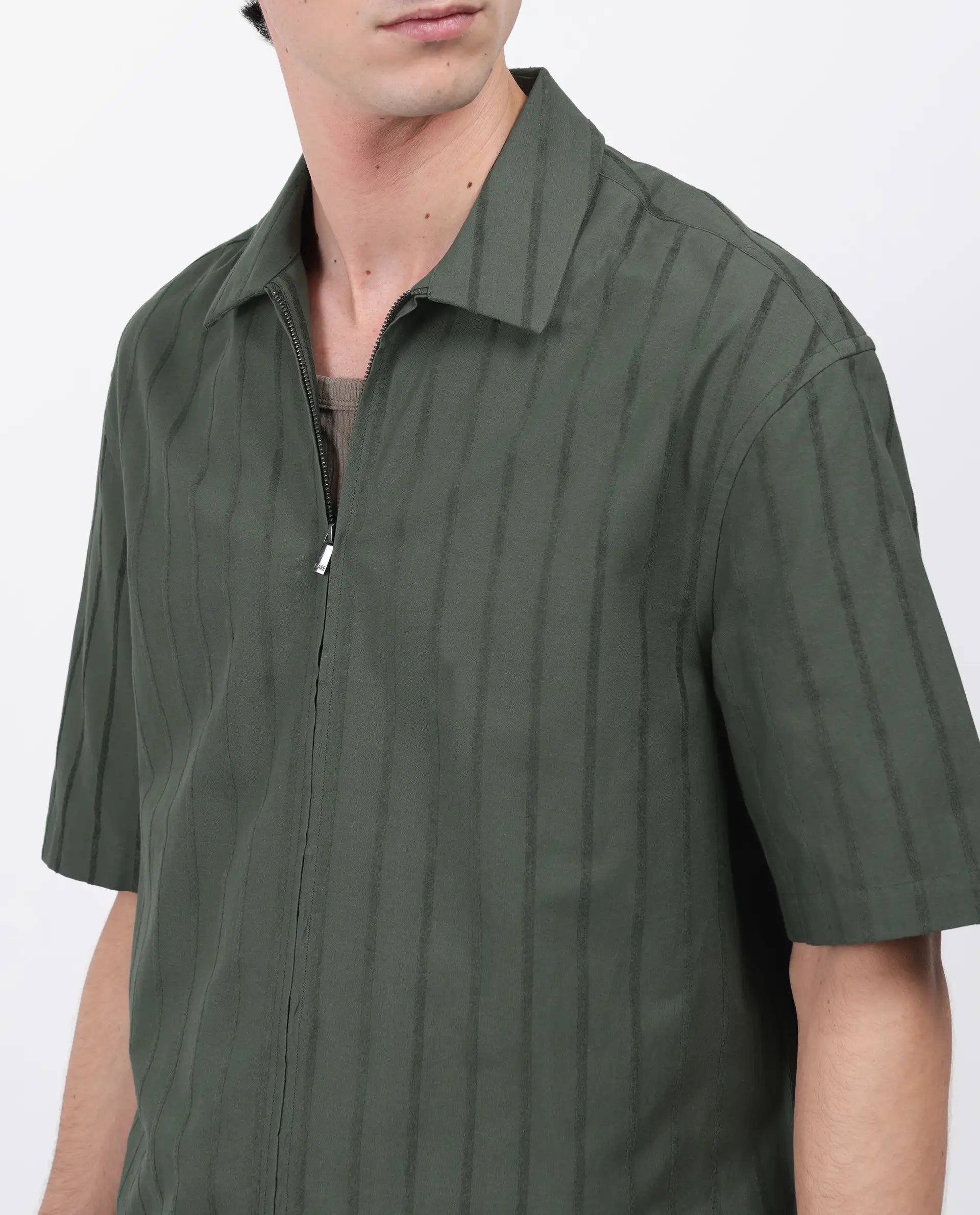 Rare Rabbit Men's Tenerz Dark Green Cotton Striped Print Boxy Fit Half Sleeve Collared Shirt