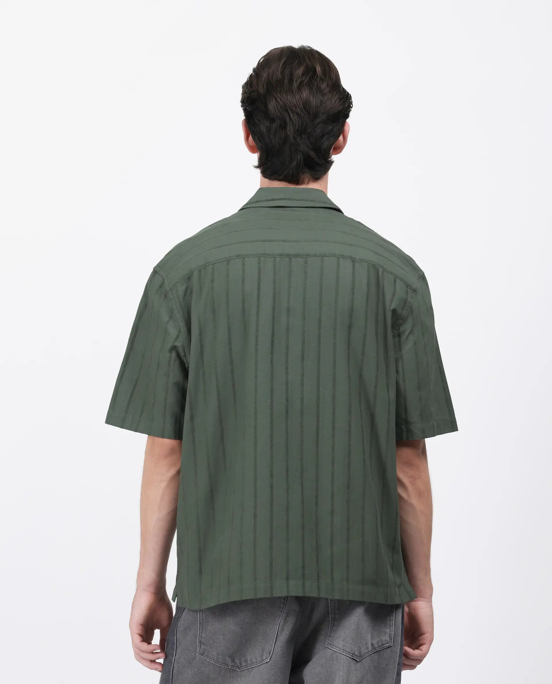 Rare Rabbit Men's Tenerz Dark Green Cotton Striped Print Boxy Fit Half Sleeve Collared Shirt