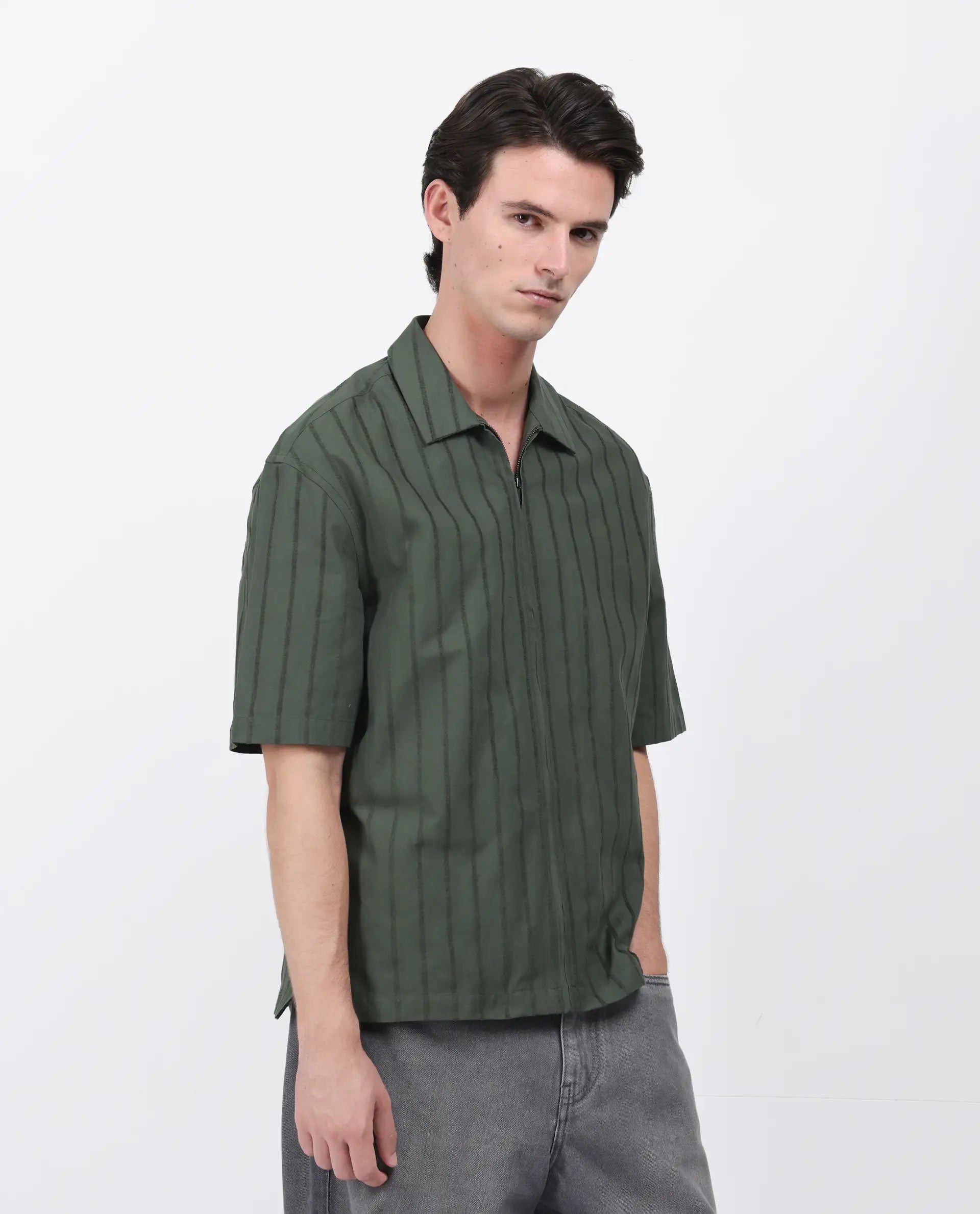 Rare Rabbit Men's Tenerz Dark Green Cotton Striped Print Boxy Fit Half Sleeve Collared Shirt