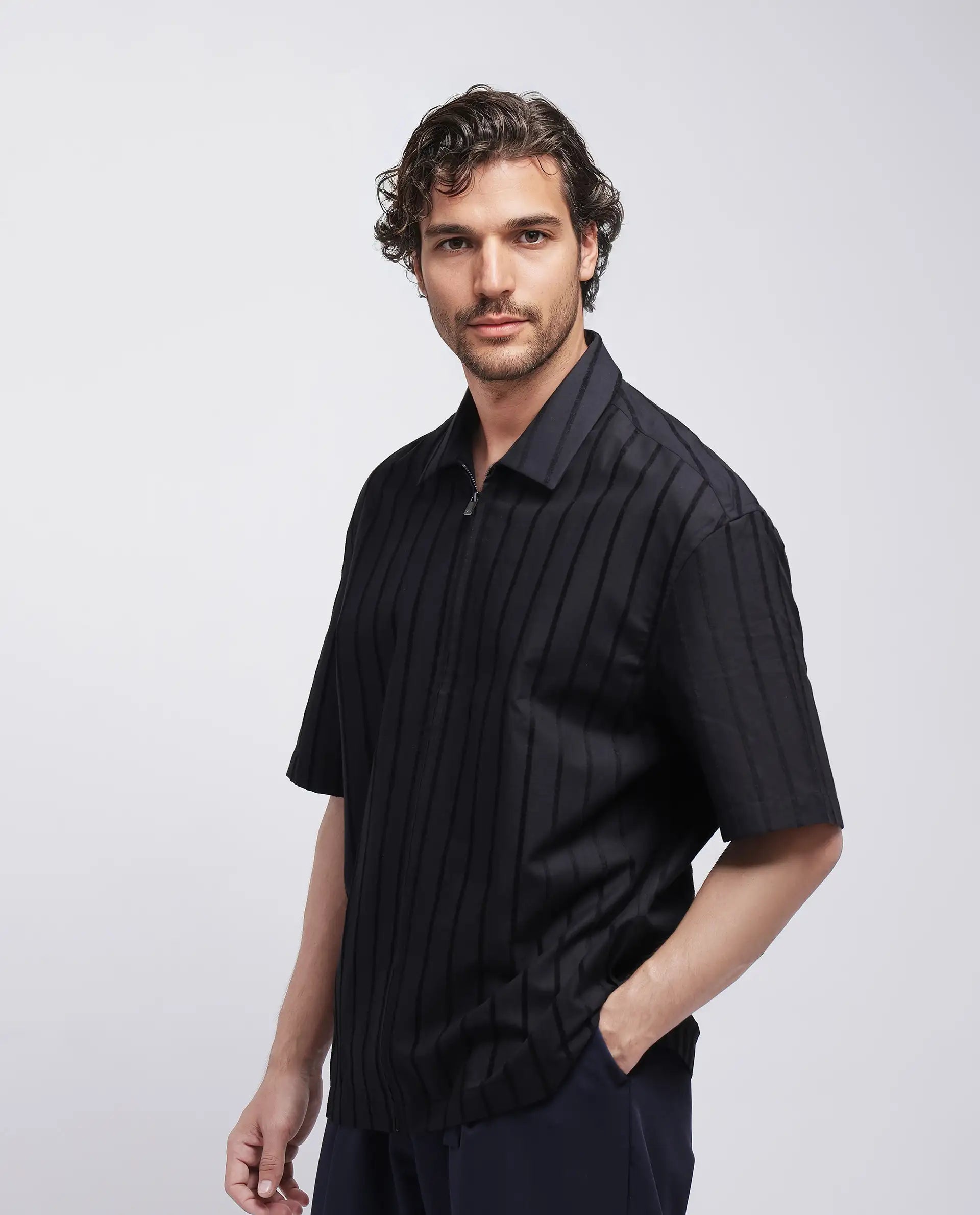 Rare Rabbit Men's Tenerz Black Cotton Fabric Half Sleeve Spread Collar Boxy Fit Striped Shirt