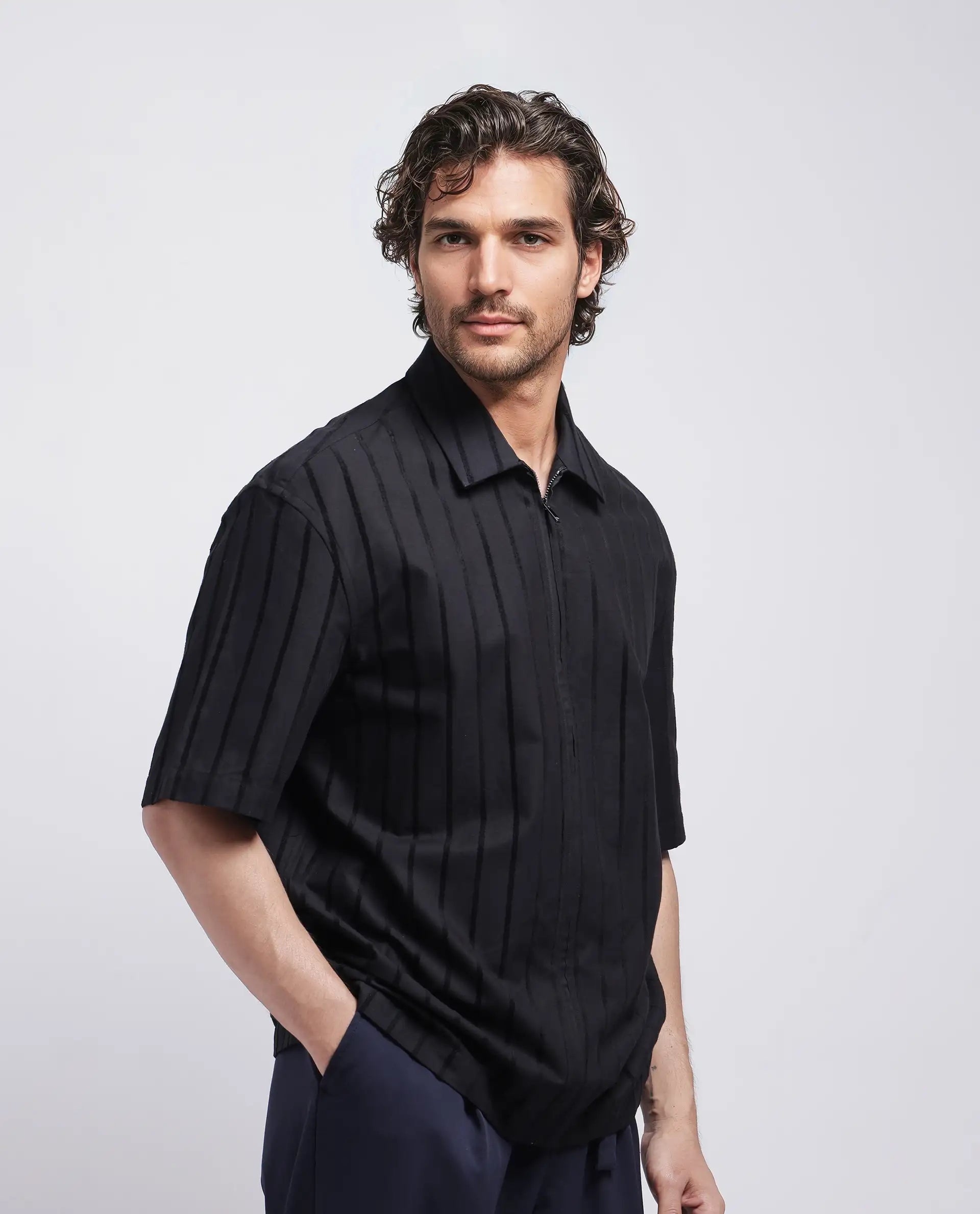 Rare Rabbit Men's Tenerz Black Cotton Fabric Half Sleeve Spread Collar Boxy Fit Striped Shirt