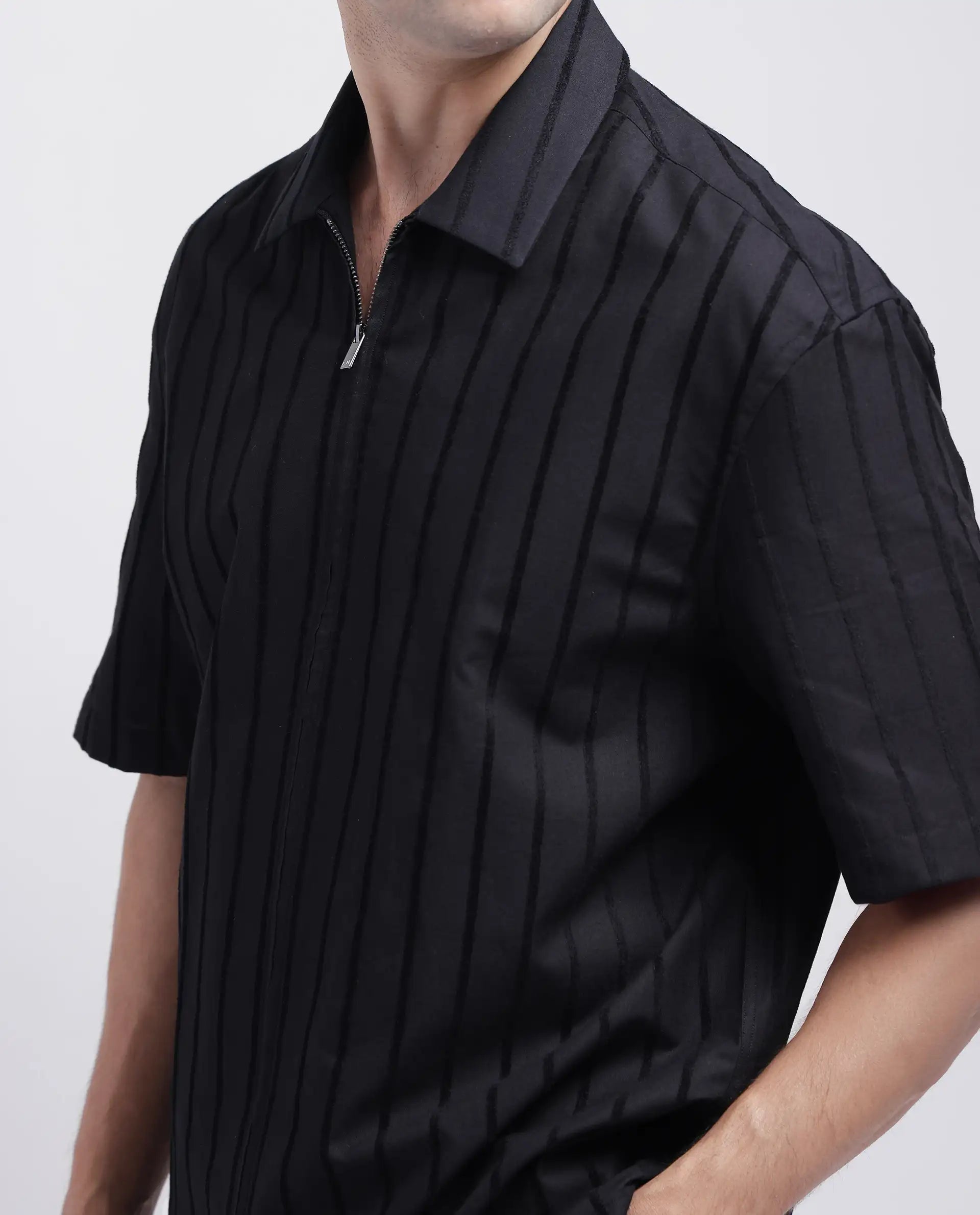 Rare Rabbit Men's Tenerz Black Cotton Fabric Half Sleeve Spread Collar Boxy Fit Striped Shirt