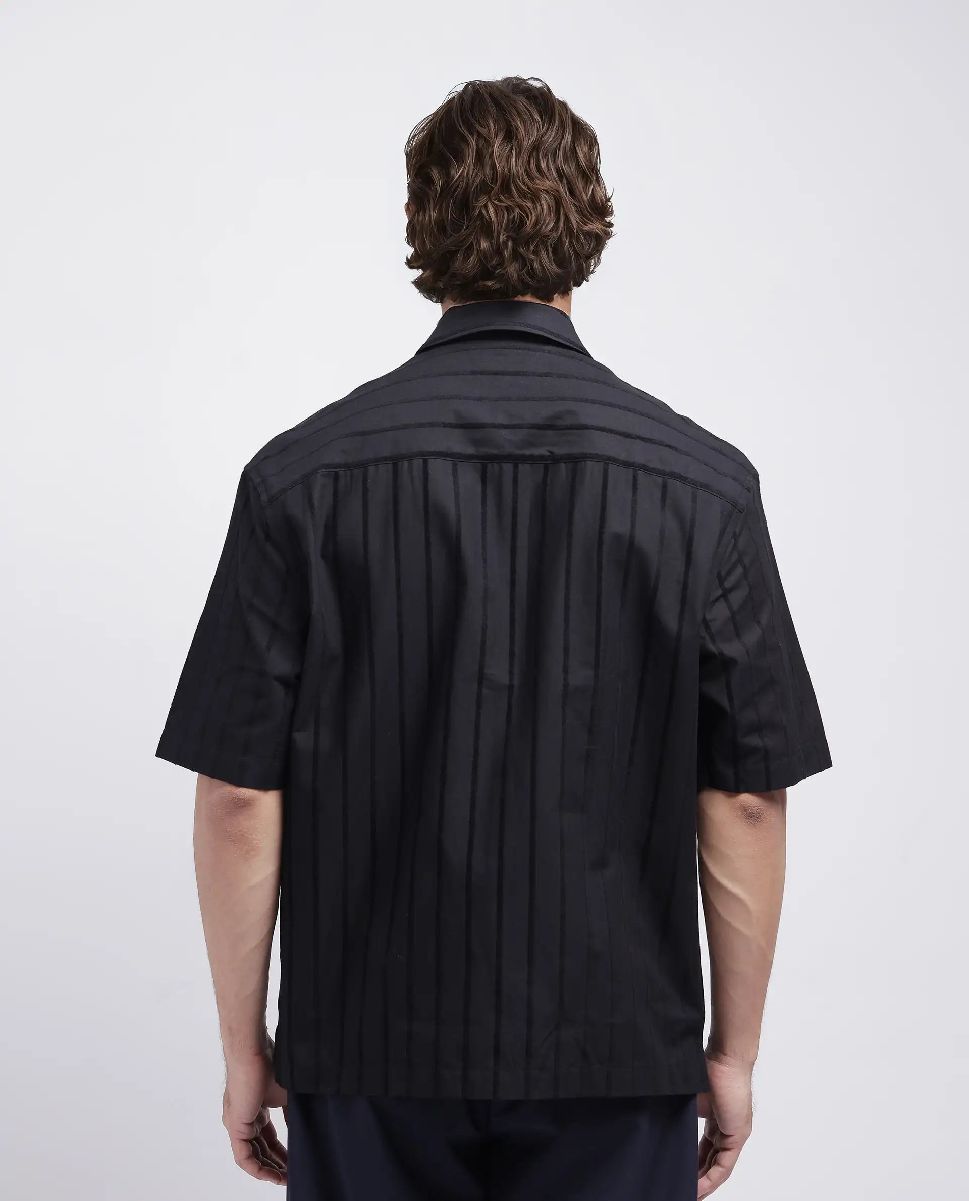 Rare Rabbit Men's Tenerz Black Cotton Fabric Half Sleeve Spread Collar Boxy Fit Striped Shirt