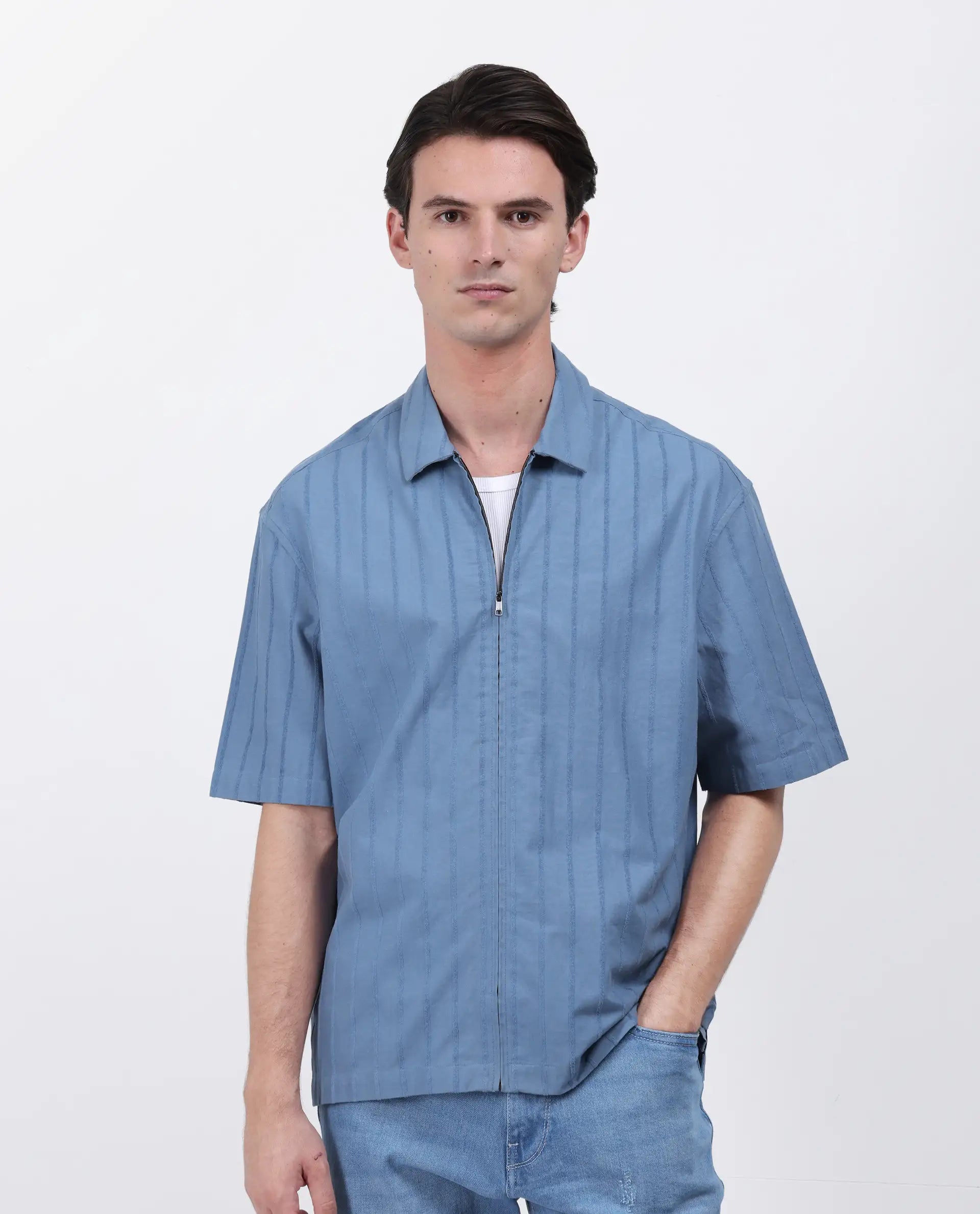 Rare Rabbit Men's Tenerz Dusky Blue Cotton Striped Print Boxy Fit Half Sleeve Collared Shirt