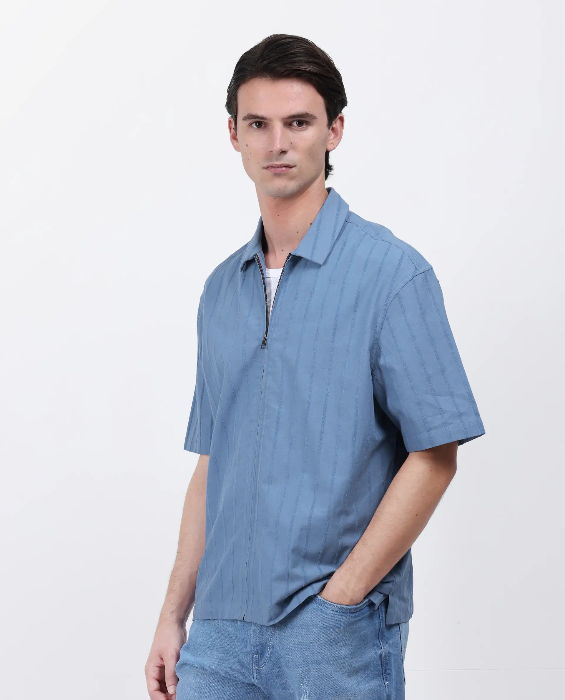 Rare Rabbit Men's Tenerz Dusky Blue Cotton Striped Print Boxy Fit Half Sleeve Collared Shirt