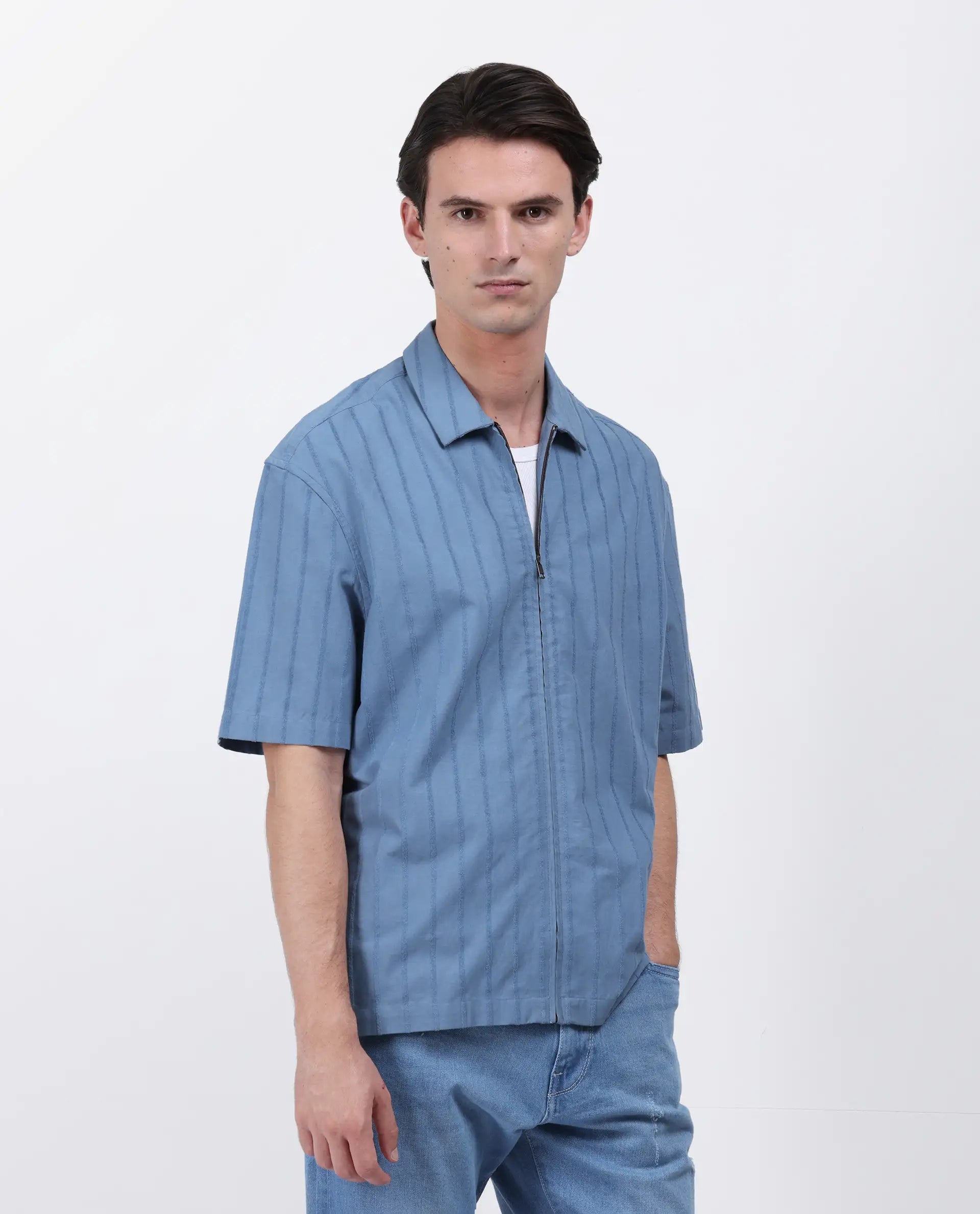 Rare Rabbit Men's Tenerz Dusky Blue Cotton Striped Print Boxy Fit Half Sleeve Collared Shirt