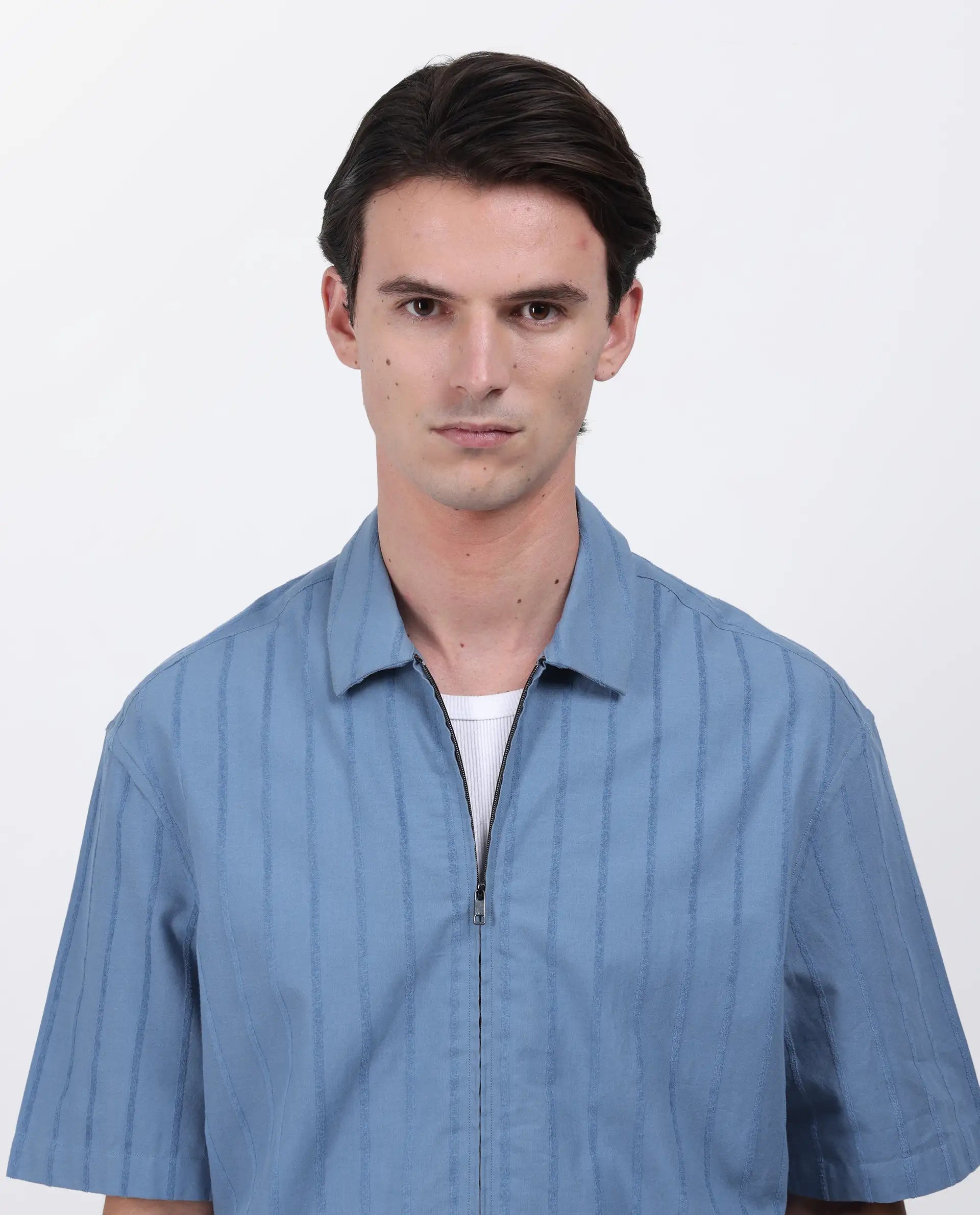 Rare Rabbit Men's Tenerz Dusky Blue Cotton Striped Print Boxy Fit Half Sleeve Collared Shirt