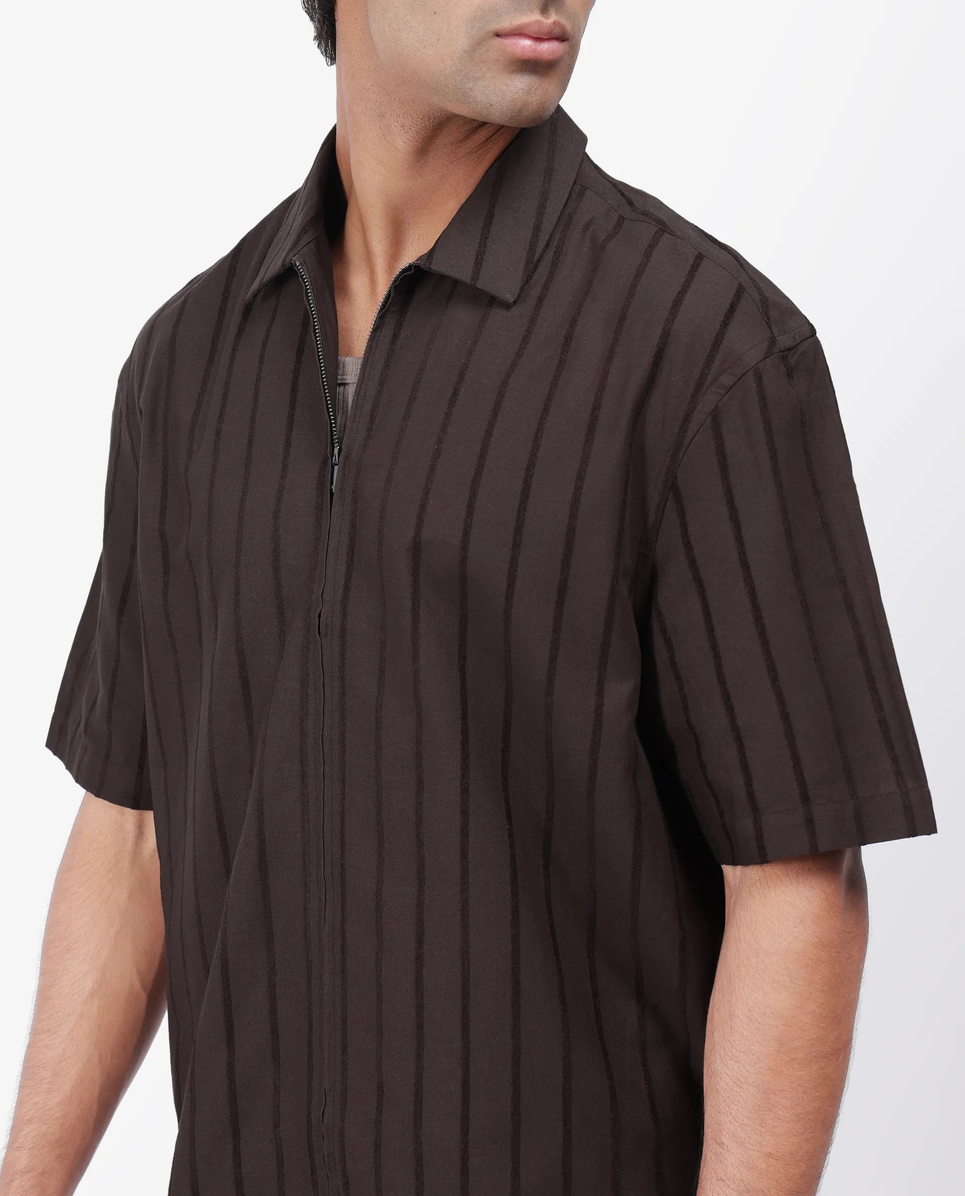 Rare Rabbit Men's Tenerz Dark Brown Cotton Striped Print Boxy Fit Half Sleeve Collared Shirt