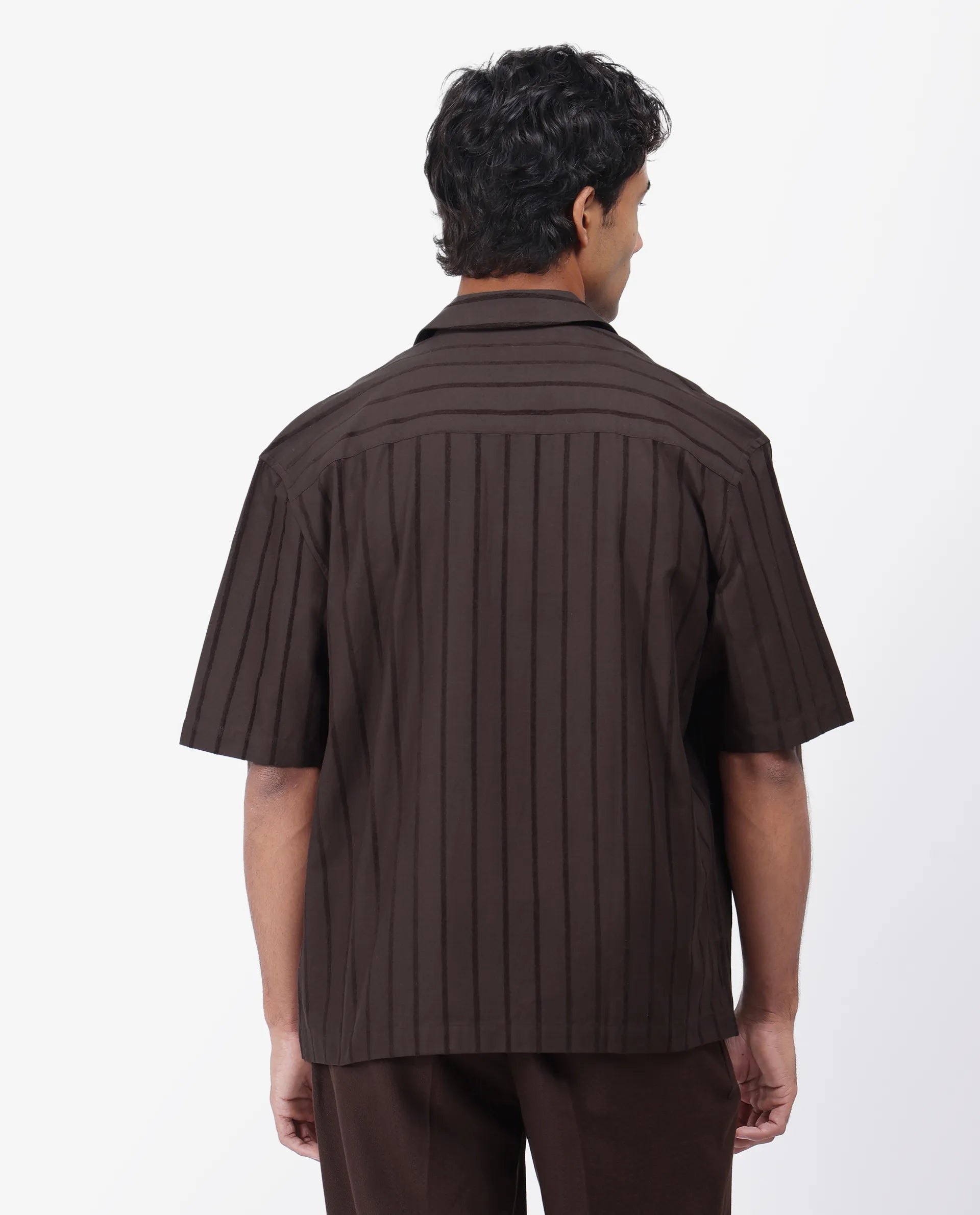 Rare Rabbit Men's Tenerz Dark Brown Cotton Striped Print Boxy Fit Half Sleeve Collared Shirt