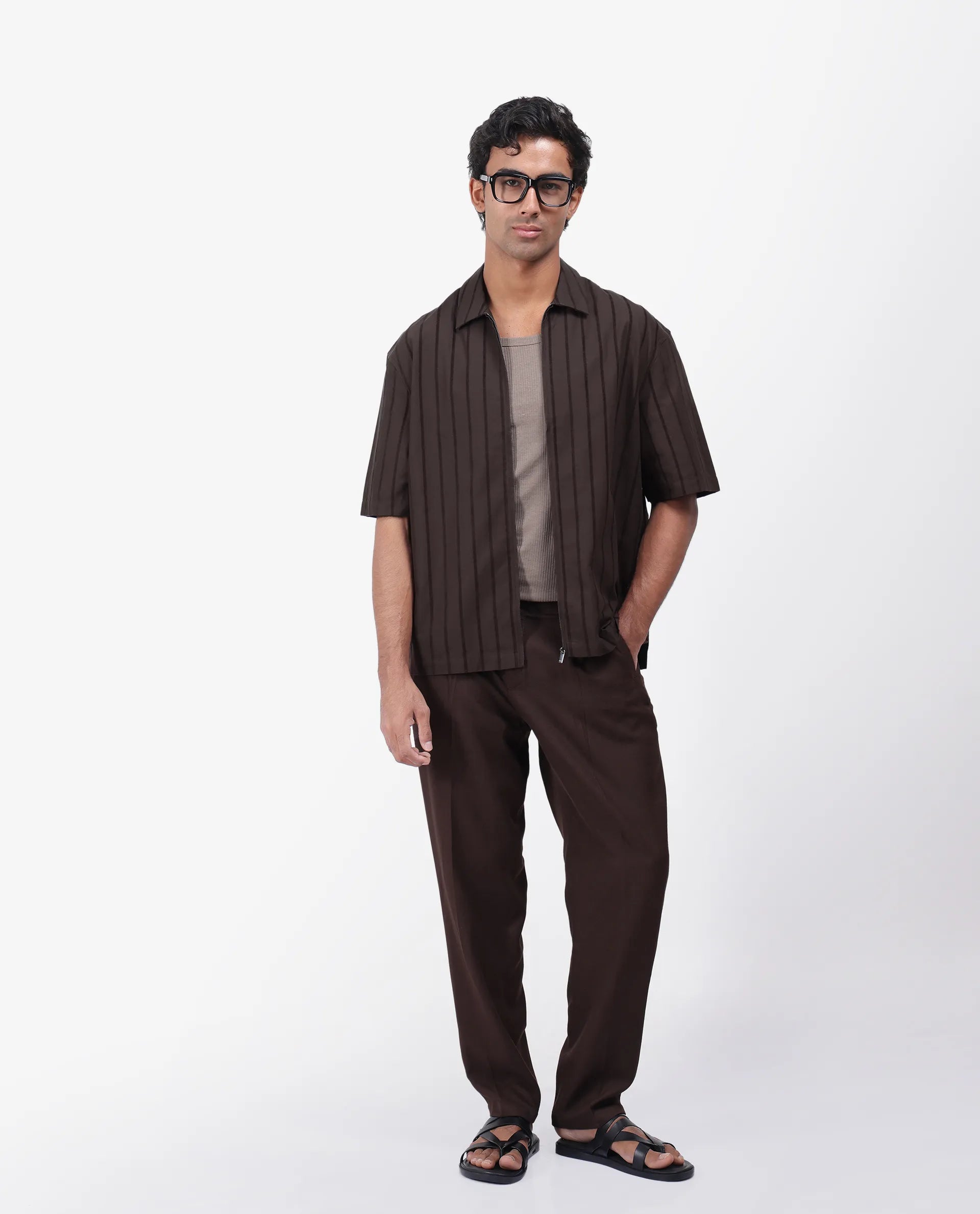Rare Rabbit Men's Tenerz Dark Brown Cotton Striped Print Boxy Fit Half Sleeve Collared Shirt