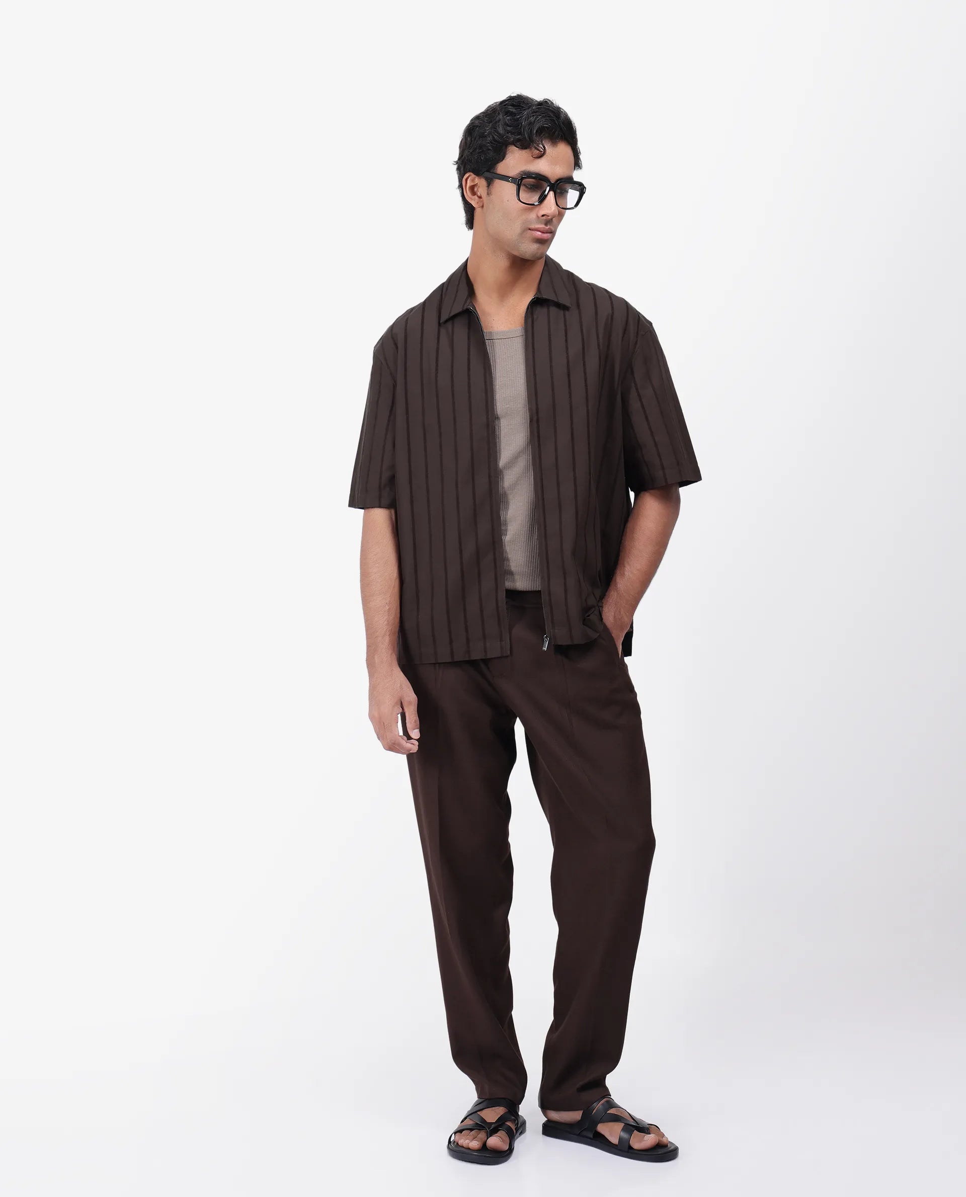 Rare Rabbit Men's Tenerz Dark Brown Cotton Striped Print Boxy Fit Half Sleeve Collared Shirt