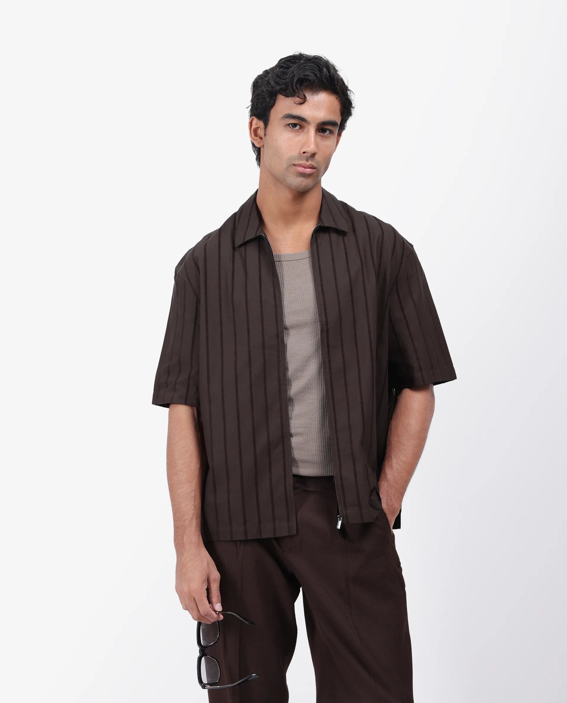 Rare Rabbit Men's Tenerz Dark Brown Cotton Striped Print Boxy Fit Half Sleeve Collared Shirt