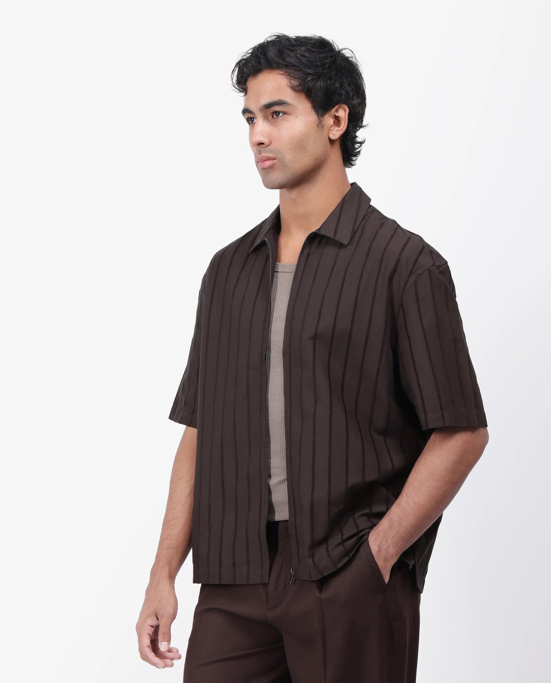 Rare Rabbit Men's Tenerz Dark Brown Cotton Striped Print Boxy Fit Half Sleeve Collared Shirt