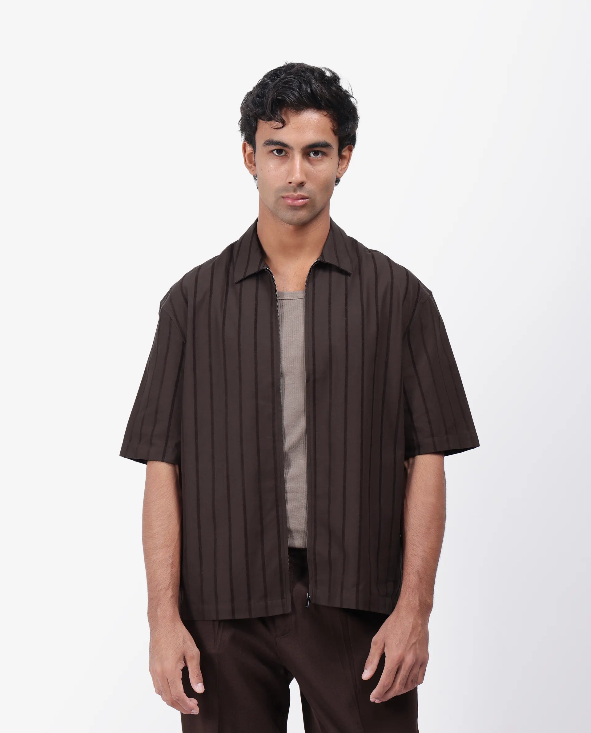 Rare Rabbit Men's Tenerz Dark Brown Cotton Striped Print Boxy Fit Half Sleeve Collared Shirt