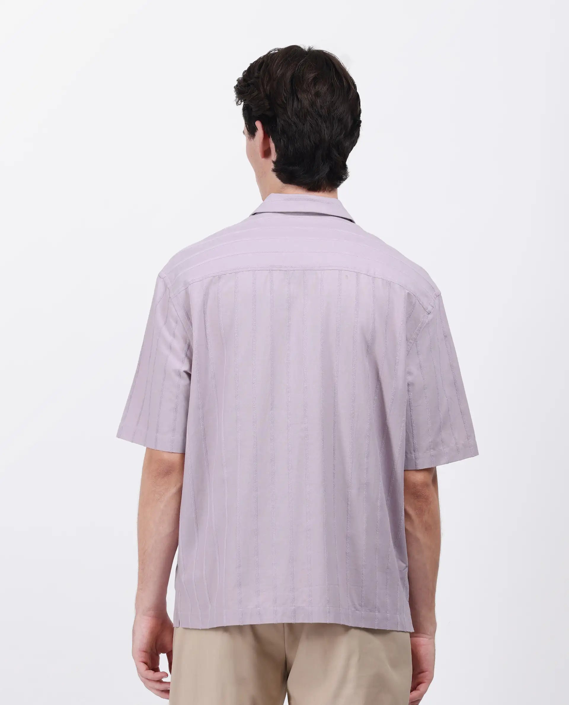 Rare Rabbit Men's Tenerz Dusky Purple Cotton Striped Print Boxy Fit Half Sleeve Collared Shirt