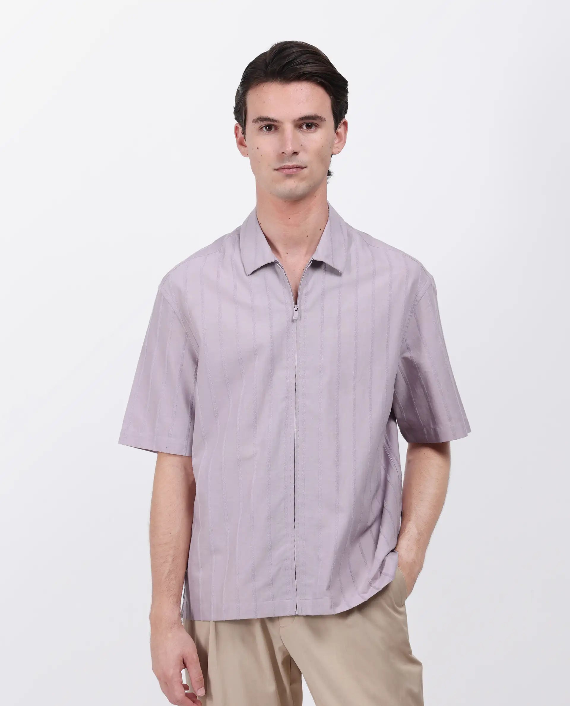 Rare Rabbit Men's Tenerz Dusky Purple Cotton Striped Print Boxy Fit Half Sleeve Collared Shirt
